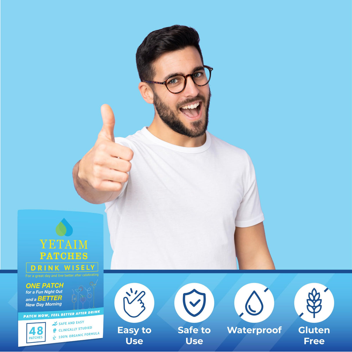 YETAIM Recovery Patches for Women Men: 48-Pack Energy Boost Fast Recovery - Day Night Party Support - Apply on Arm Neck Wrist Back for Party Fun Morning Revival - Clear Blue