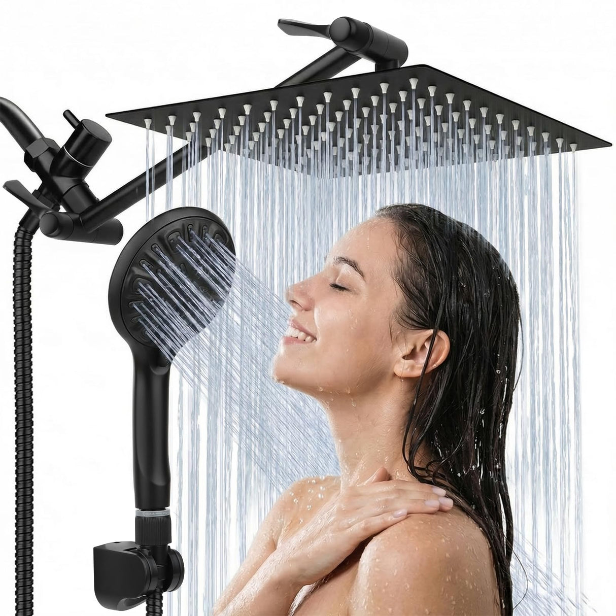 Tudoccy Shower Head, 8ββ High Pressure Rainfall Shower Head/Handheld Shower Combo with 11'' Extension Arm, 9 Settings Anti-leak Shower Head with Holder, Height/Angle Adjustable, Matte Black