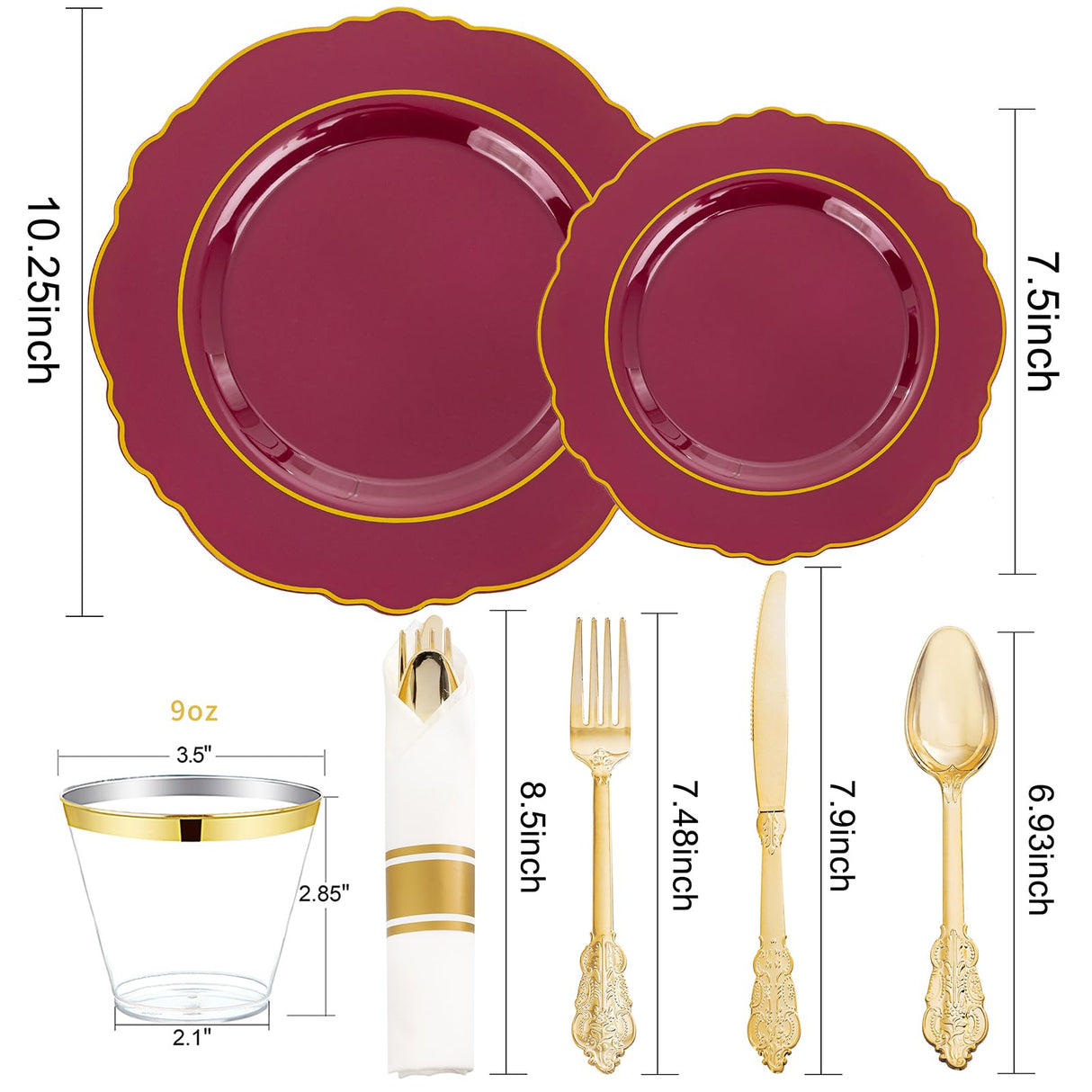 Liacere 350PCS Red Plastic Plates-Disposable Burgundy Red and Gold Plates 50guest Baroque Plastic Dinnerware include 100Plates, 50Pack Pre Rolled Napkins with Silverware 50Cups for Christmas