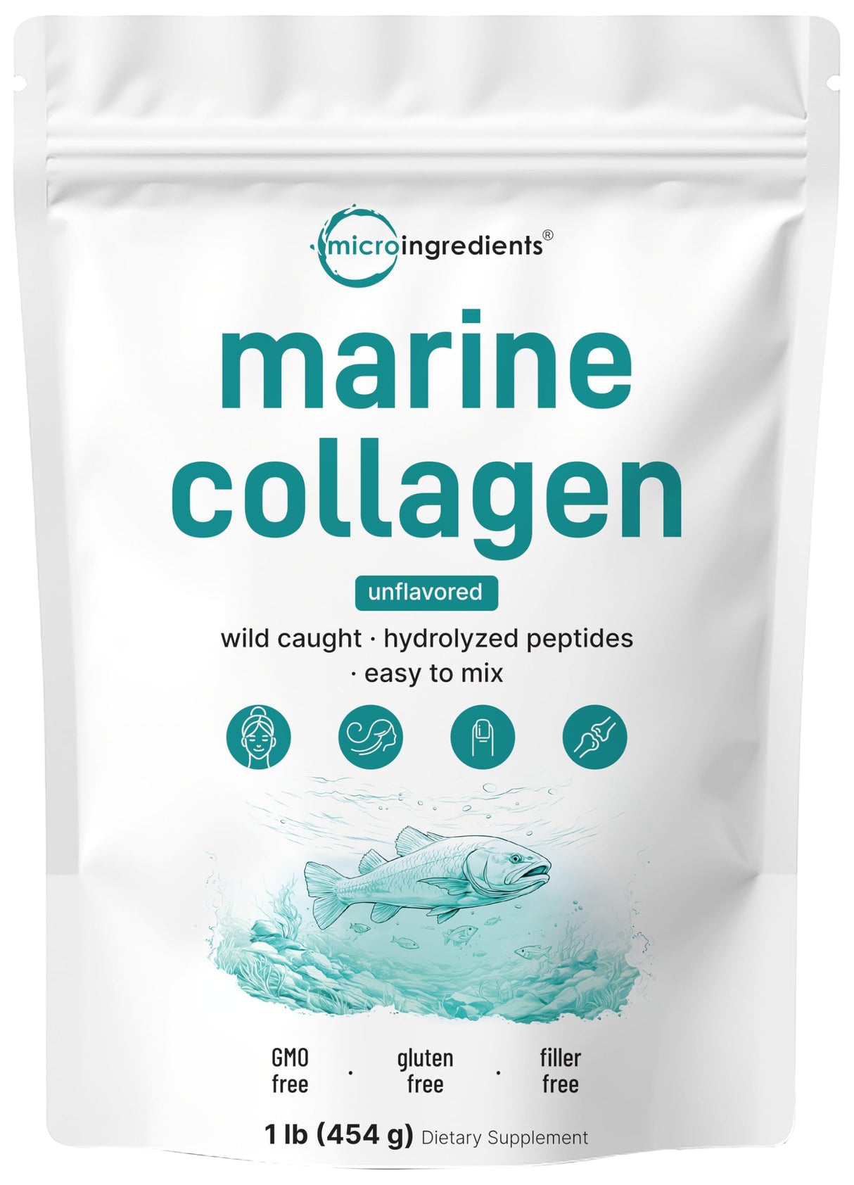 Micro Ingredients Marine Collagen Peptides Powder, 1 lb | Type I Marine Collagen + Natural Protein | Wild-Caught Fish Source | Unflavored | Supports Hair, Skin & Joint Health | Pescatarian, Non-GMO
