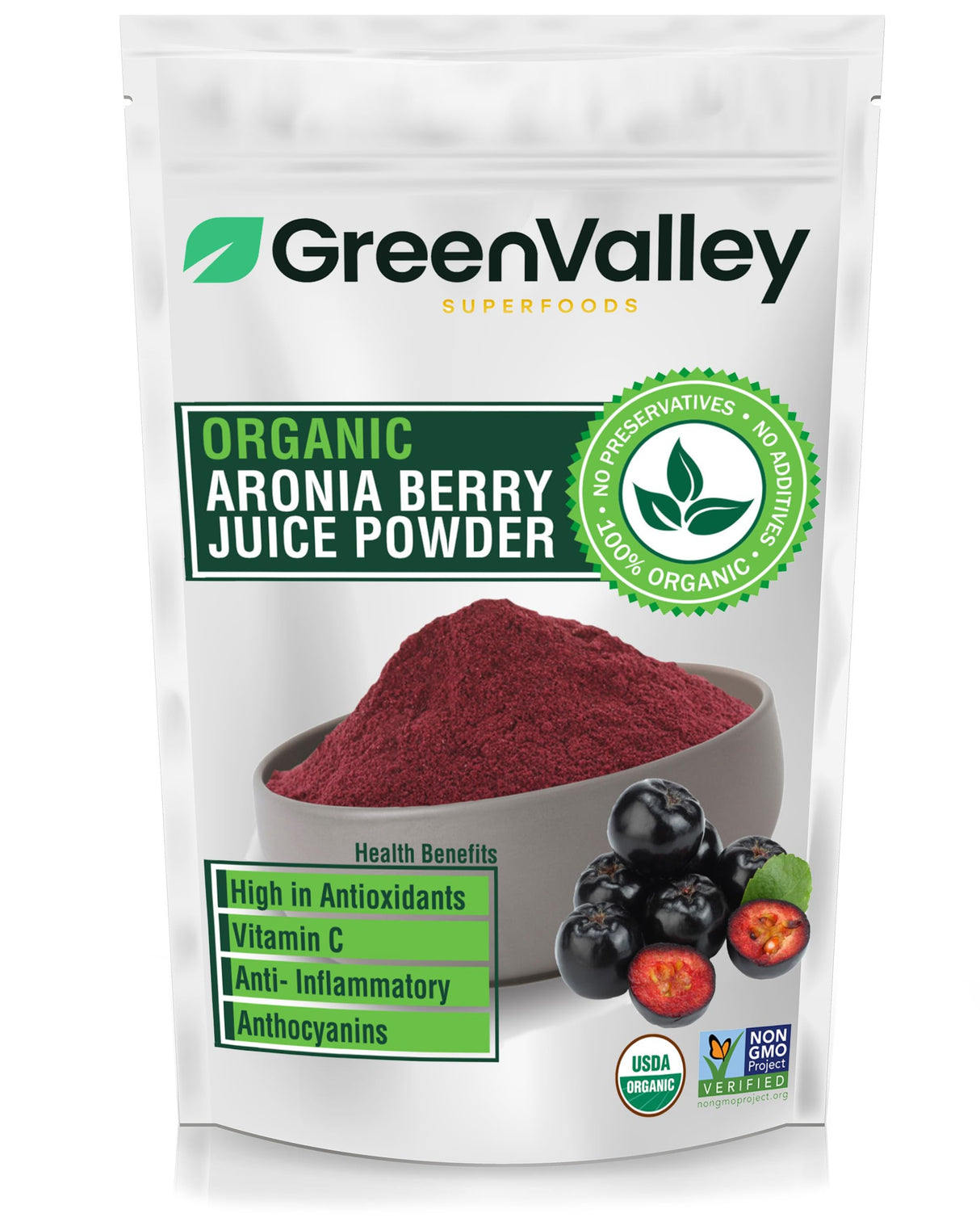 Green Valley Superfoods Organic Aronia Berry Juice Powder, Chokeberry, Antioxidant Rich Anthocyanins (1 Pound)