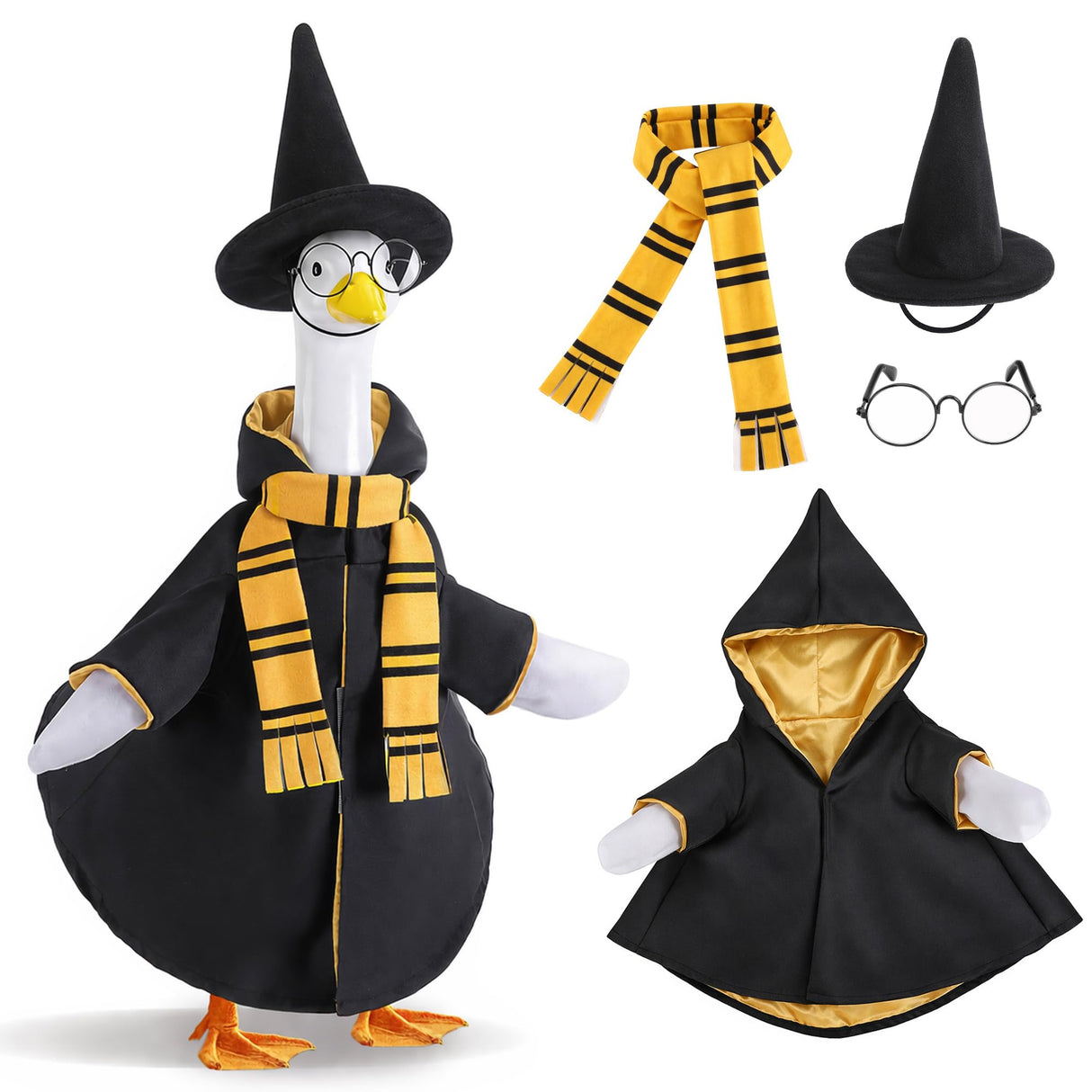 Tmovjxv 4 Pcs Halloween Wizard Porch Goose Outfit, Lawn Porch Goose Clothes Wizard Costume for 23'' Statue, Witch Garden Geese Outfit with Hat Scarf Glasses for Patio Yard Christmas Decor (Yellow)