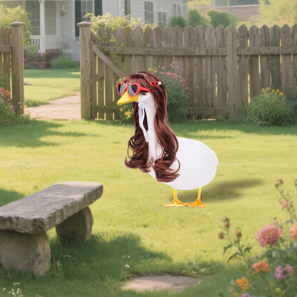 MuMyer 4 Pcs Porch Goose Wigs, Funny Lawn Porch Goose Statue Braid Wig with Hair Clips and Sunglasses for Outdoor Garden Patio Yard Goosey Decoration