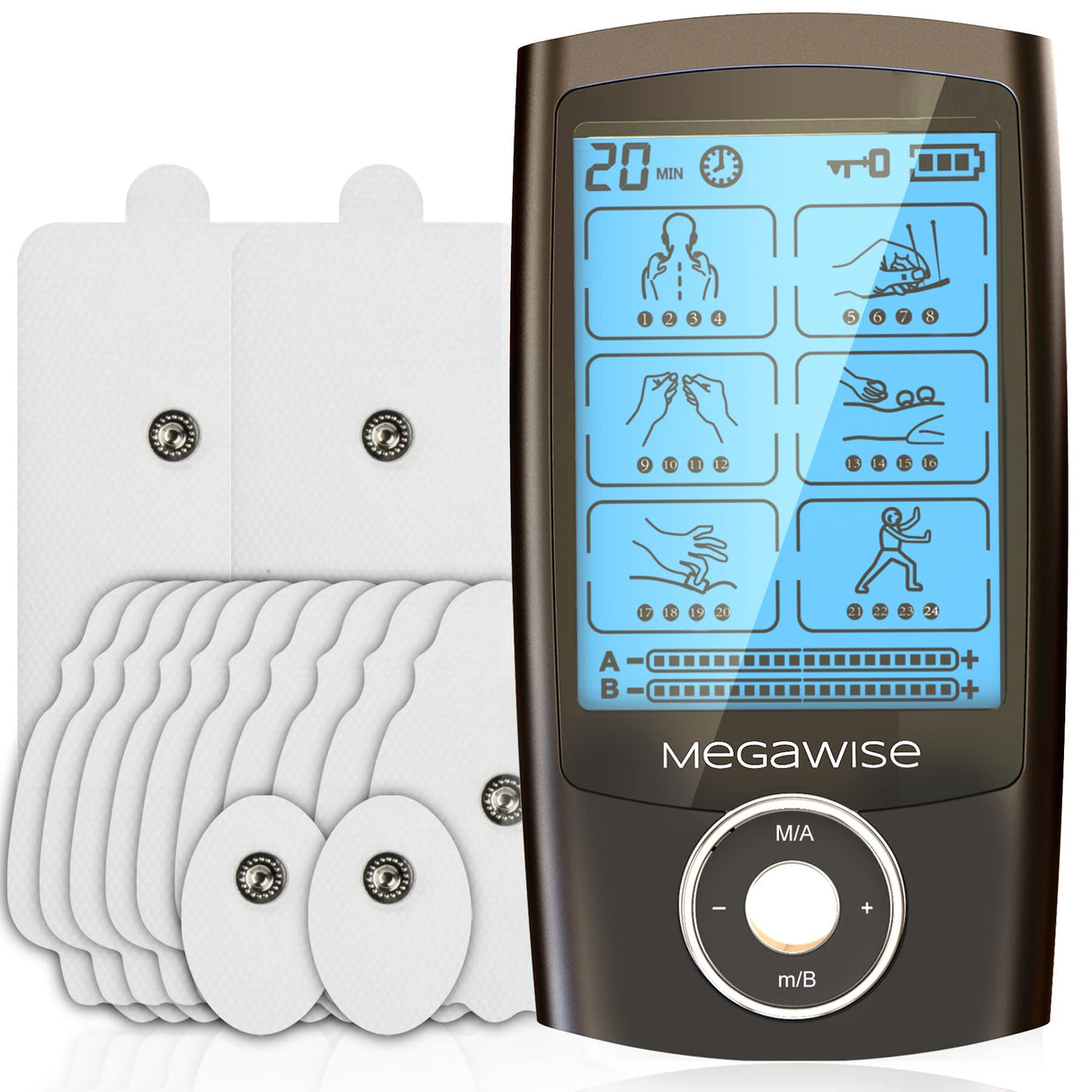 MegaWise 48 Modes(24 * 2) Dual Channel EMS TENS Unit Muscle Stimulator with 14Pcs Reusable Electrode Pads. Rechargeable Continuous Mode Electronic Pulse Massager with Storage Pouch/Pads Holder