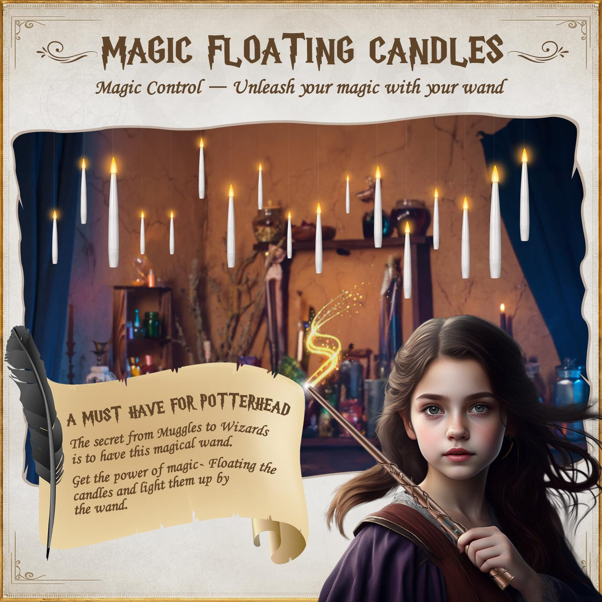 TLPUHU Floating Candles with Wand 20PCs -Halloween Magic Hanging Flameless Candles Taper Candles with Remote for Christmas Window Home Bedroom Birthday Party Decorations
