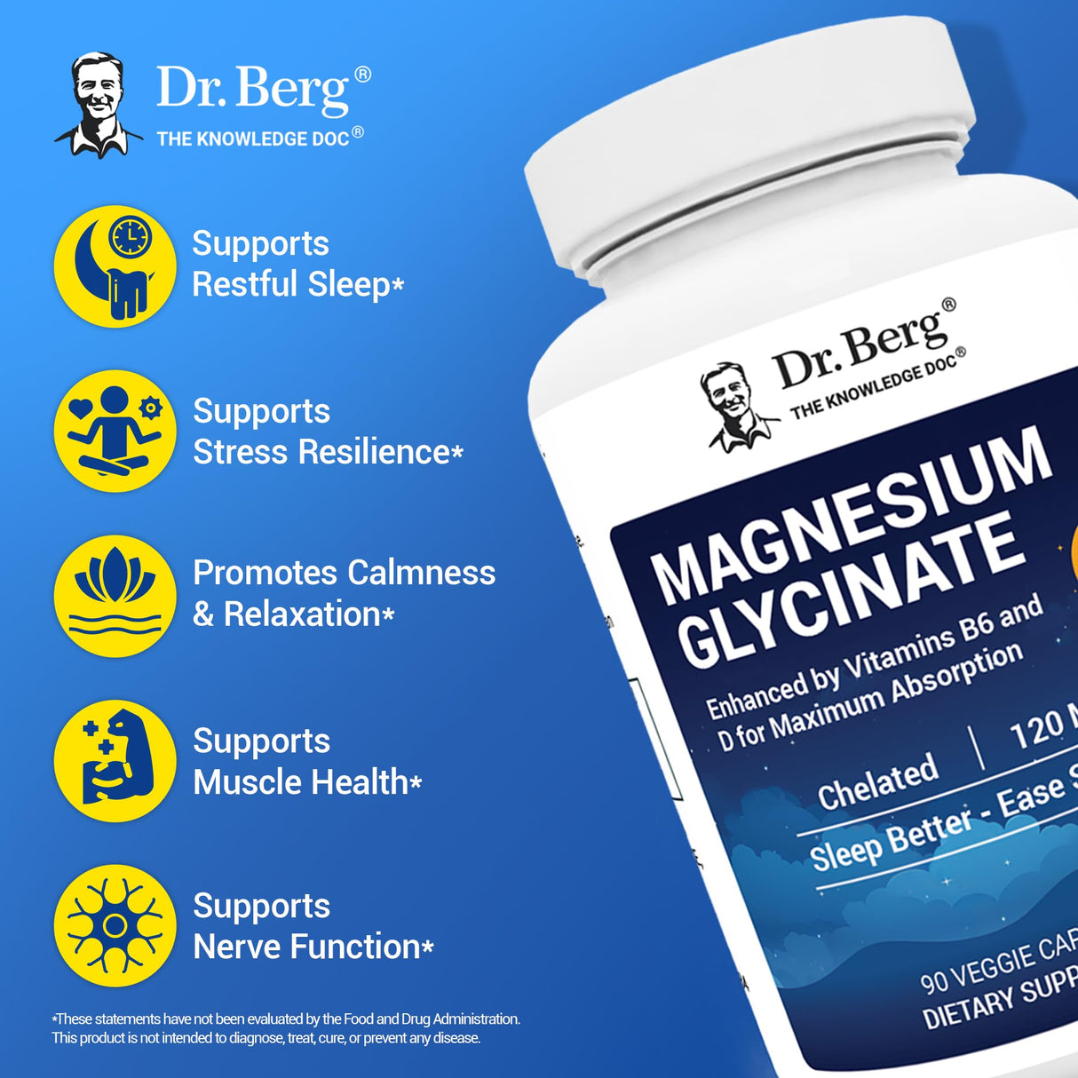 Dr. Berg Maximum Strength 4-in-1 Chelated Magnesium Glycinate with Clean, Potent & Pure Ingredients | 4X Lab-Tested & Verified | USA Formulated Magnesium Supplement Capsules | 90 Capsules