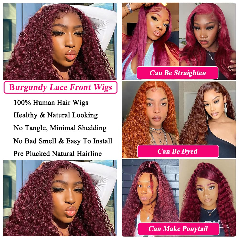 Burgundy Lace Front Wigs for Black Women 24 Inch 99J Deep Wave Wigs 13x4 Transparent Lace Frontal Wigs Glueless Wet and Wavy Red Colored Curly 100% Human Hair Wig Pre Plucked Brazilian Virgin Hair