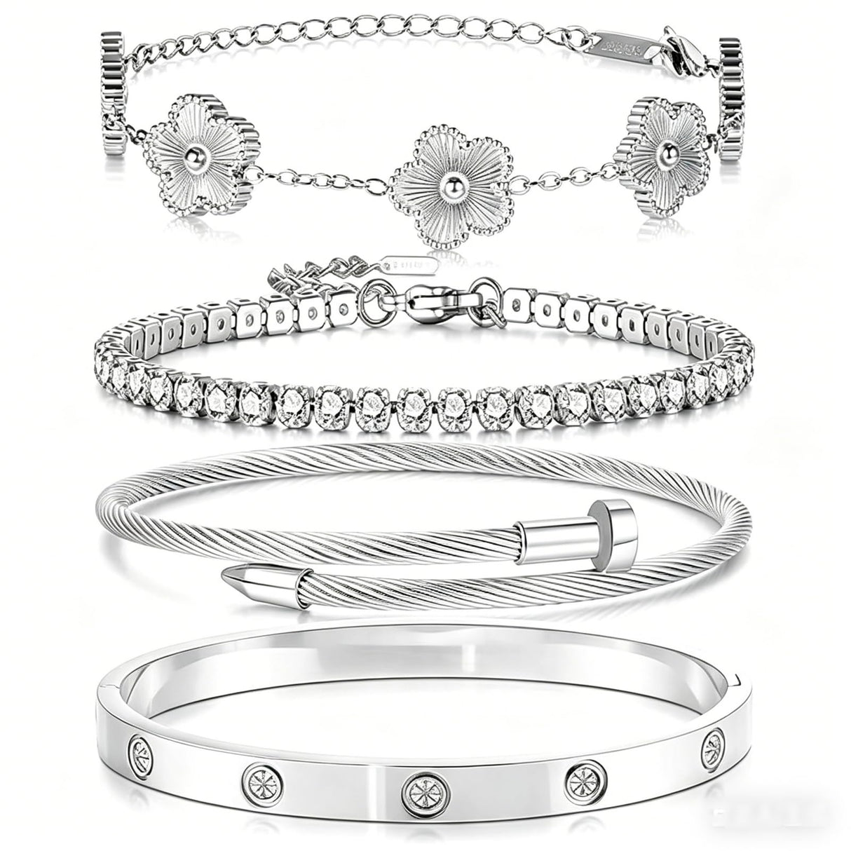 Zesnoy 18K Gold Plated Womens Stackable Floral Silver Clover Bracelets Set Love Bangle Bracelets Non Tarnish, Bracelet Set Trendy Jewelry, Gifts for Women's Day and Mother's Day