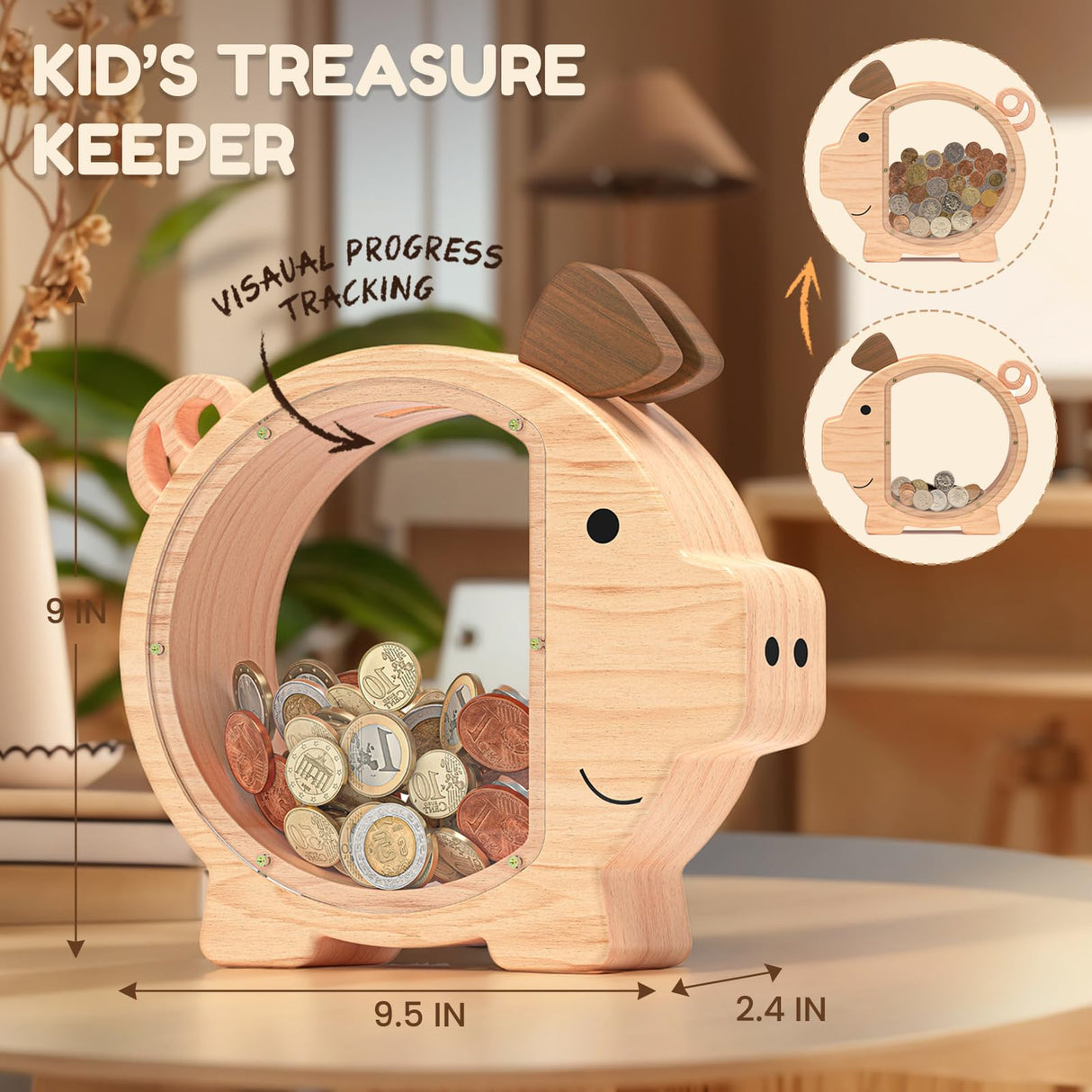 Summidate Wooden Piggy Bank for Kids Large Money Bank for Boys Girls,Cute Unbreakable Wood Money Box, Creative Saving Money Jar Personalized Gifts for Child Birthday Christmas & Decor