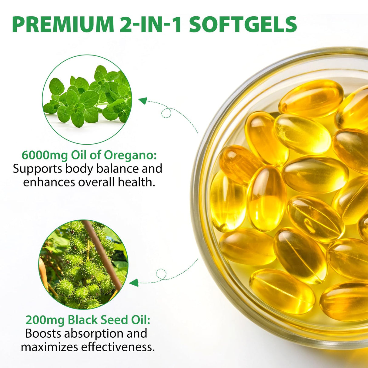 Oil of Oregano Softgels 6000mg, 120 Count | 2 in 1 Formulated with Black Seed Oil 200mg, Organic Oregano Oil Capsules, High Carvacrol & Thymoquinone for Immune Support | Non-GMO, Gluten-Free