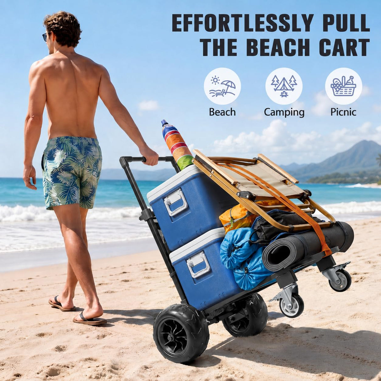 KEDSUM Beach Cart for Sand with 9" Airless Solid Big Wheels-No Deflated, 330LBS Heavy Duty Beach Dolly, 4-Wheel Push & Pull Beach Wagon for Beach, Camping, Rust-Resistant & Folds Compact