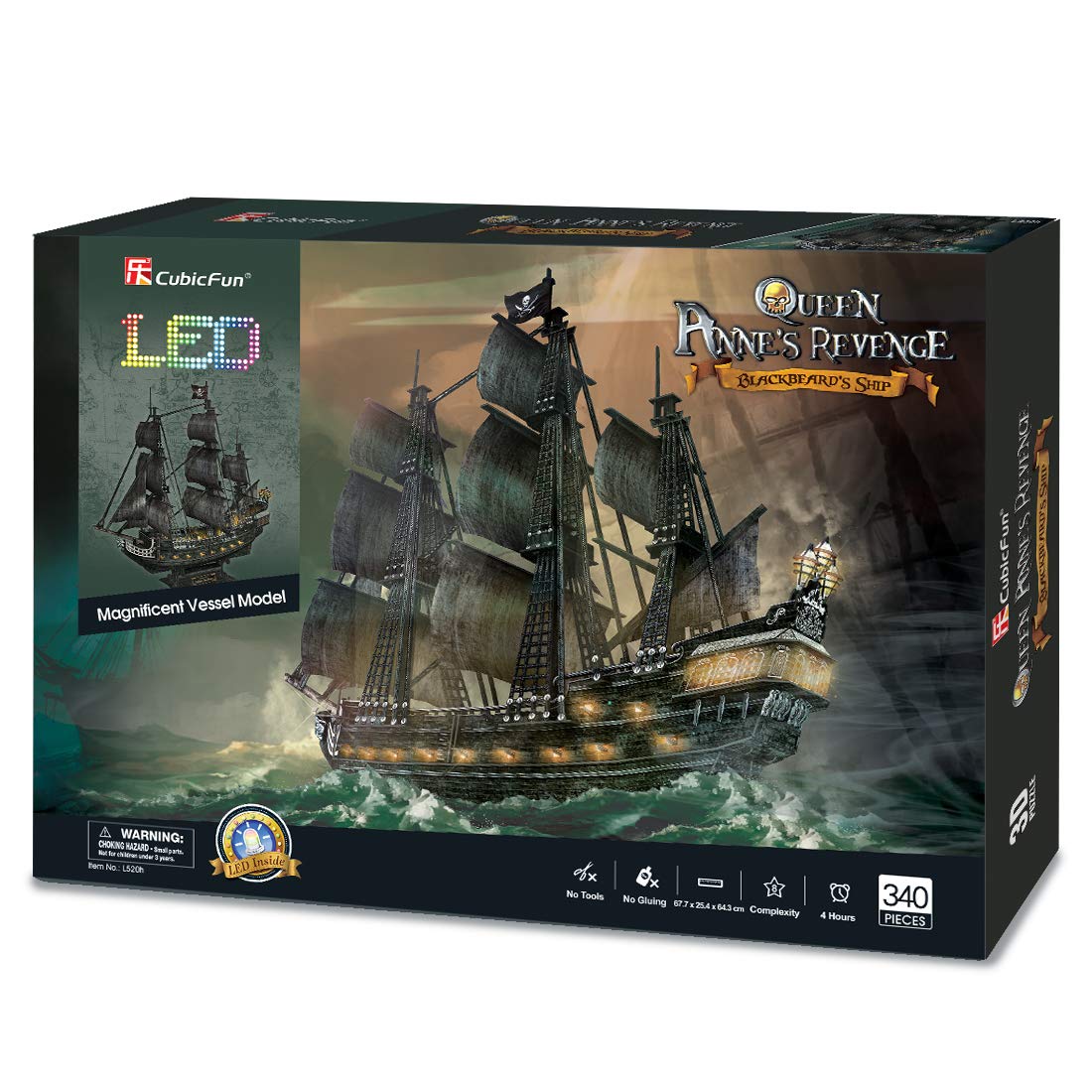 CubicFun 3D Puzzles for Adults - Led Pirate Ship Queen Anne's Revenge - Large 27'' Sailboat Puzzles - Desk Decor, Anniversary, Christmas Teacher Appreciation Gifts Adult Stocking Stuffers