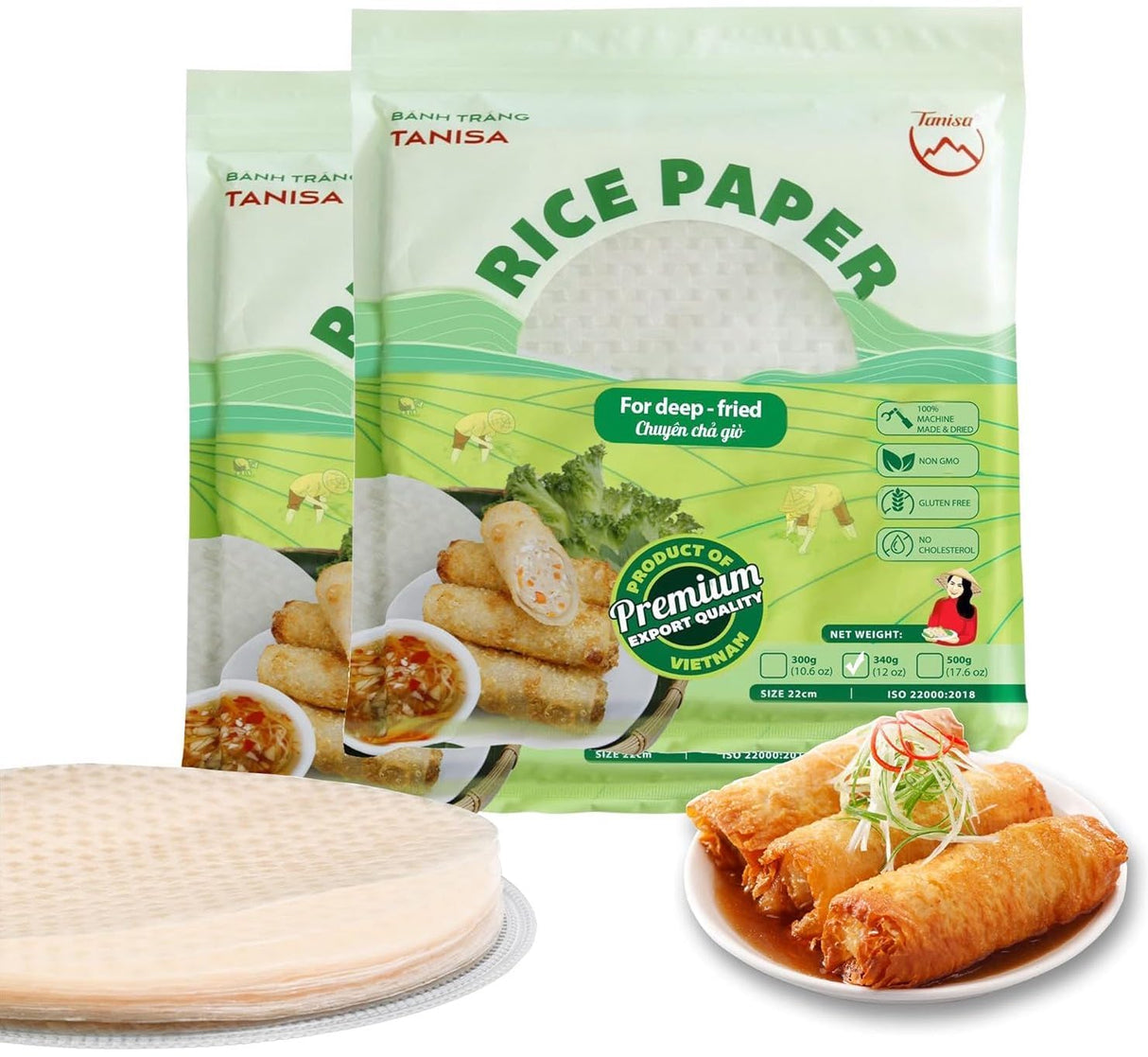 TANISA 2 Packs Rice Paper Wrappers, 76 Sheets Spring Roll Wrappers for Deep Fried (22cm, Round, 12 oz/pack) Cha gio, Gluten Free Wraps, Egg roll wrappers for frying, Papel de arroz comestible