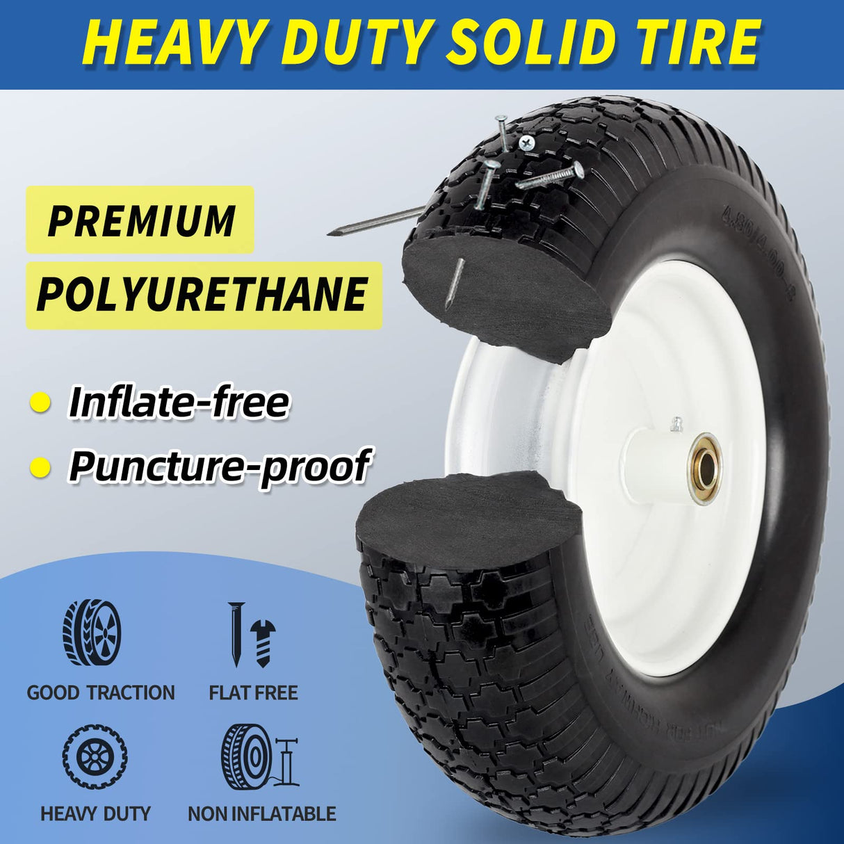 GICOOL 16" Solid Wheelbarrow Tire, 4.80/4.00-8" Flat-Free Tire and Wheel, 6" Centered Hub, 5/8" Axle Bore Hole for Wheel Barrow Garden Utility Cart Replacement