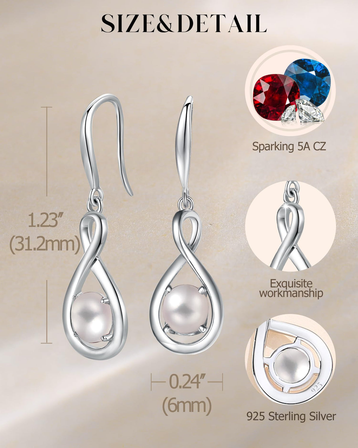 FANCIME White Pearl Dangle Drop Earrings 925 Sterling Silver Dainty Infinity June Birthstone Earring Fine Jewelry Birthday Mothers Day Gifts for Mom Her Women