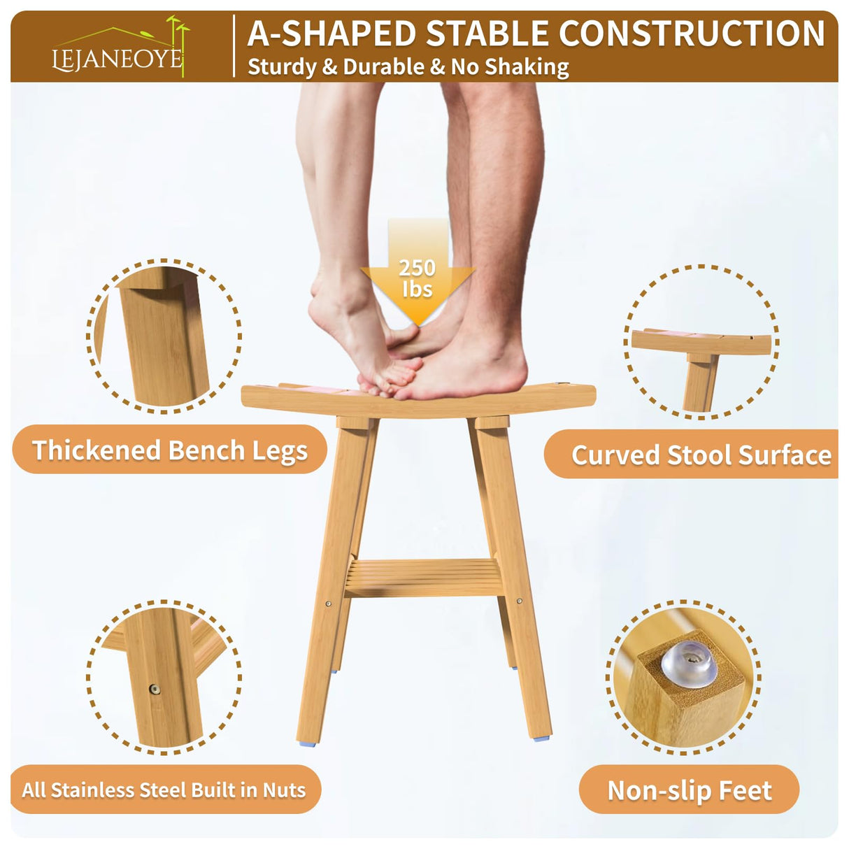 Bamboo Shower Bench Stool, Shower Chair for Inside Shower with 2-Tier Storage Shelf, Waterproof Shower Seat for Shaving Legs, Spa Bathroom Shower Bench for Senior Adult Disabled Elderly