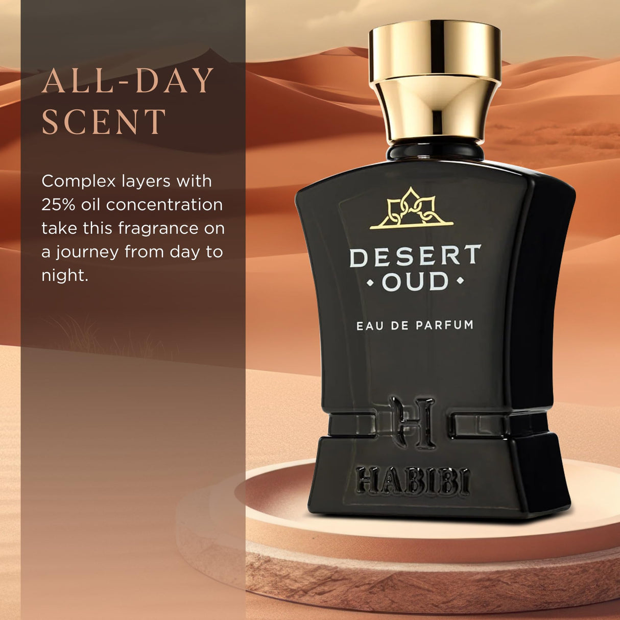 H Habibi Desert Oud Perfume For Men - Eau De Parfum (2.5 Oz), Arabian Cologne For Men - Warm, Sweet & Spicy Fragrance with Rare Exotic Notes of Oud Woody, Citrus, Amber Musk Perfume & Patchouli