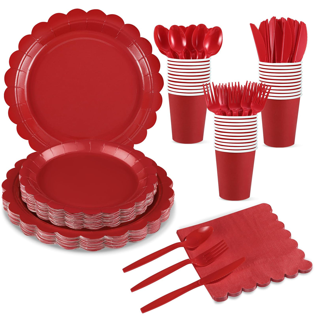 Xiangqu 175 Pcs Red Plates and Napkins, 25 Guest Red Party Supplies Include Christmas Plates and Napkins Cups Plastic Spoons Forks Knives for Birthday, Christmas, Picnic