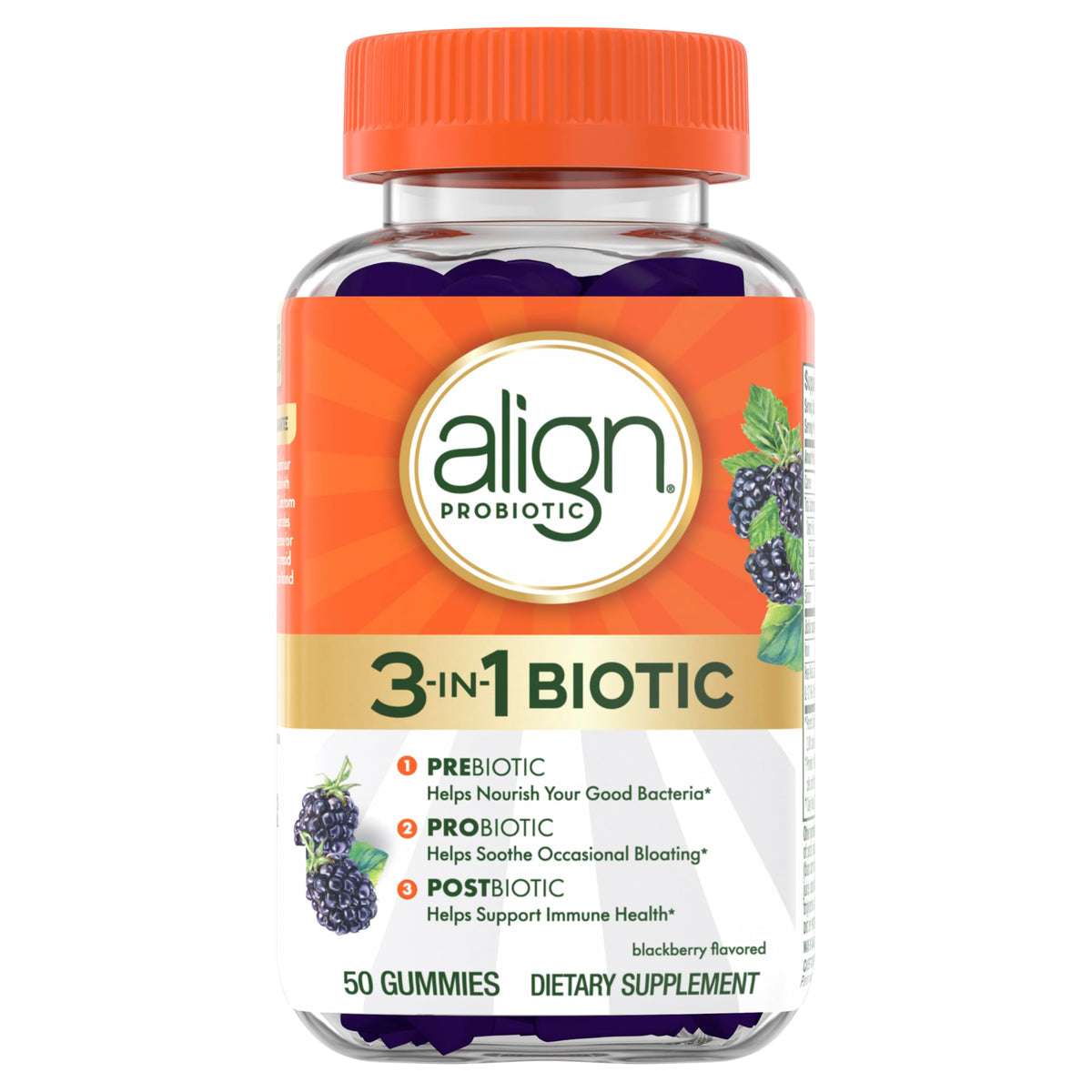 Align Probiotic, 3-in-1 Biotic Gummies, Prebiotic + Probiotic + Postbiotic, Probiotics for Women, #1 Doctor Recommended Probiotic Brand‡, Helps Relieve Occasional Bloating*, Blackberry Flavor, 50 Gummies