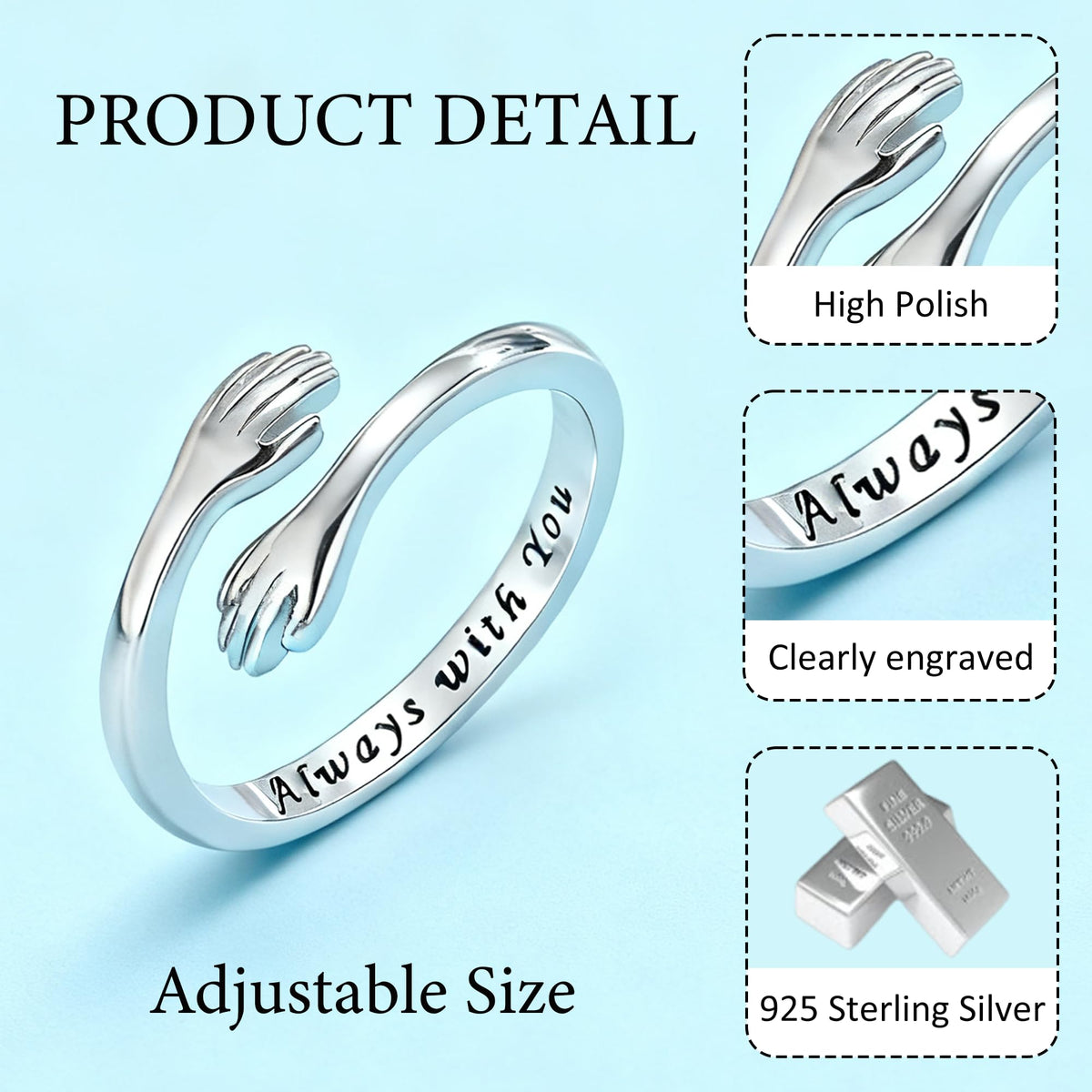 Yuanyora S925 Sterling Silver Hug Ring for Granddaughter Adjustable Ring for Women Christmas Birthday Gifts for Daughters Tarnish Free Jewelry Gift for Her Hope Rings for Granddaughter