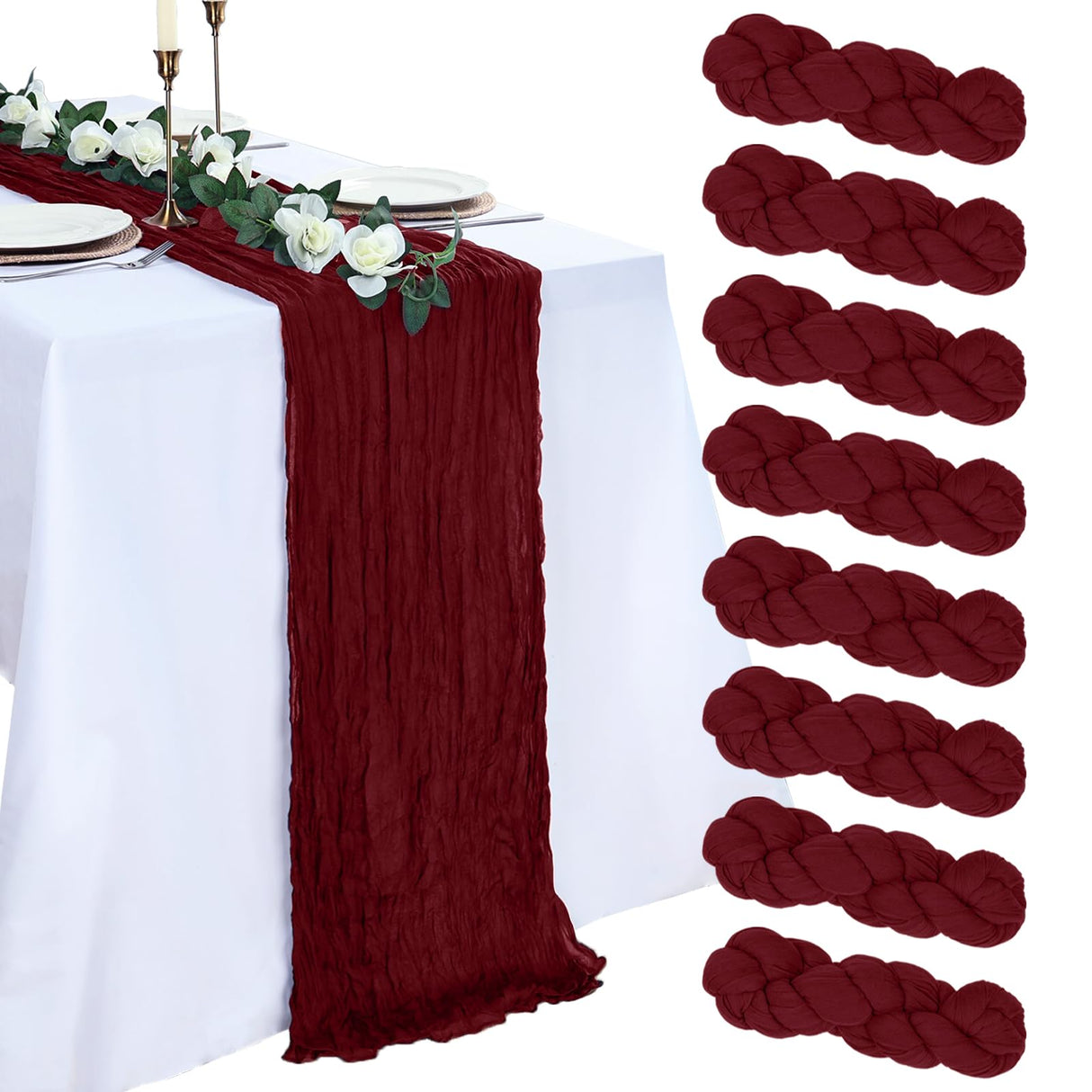 pepmily 8 Pack Burgundy Cheesecloth Christmas Table Runner 10ft Boho Gauze Fabric 120 Inch Cheese Cloth Table Runner Rustic Sheer for Thanksgiving Wedding Decor Party Table Centerpiece Decoration