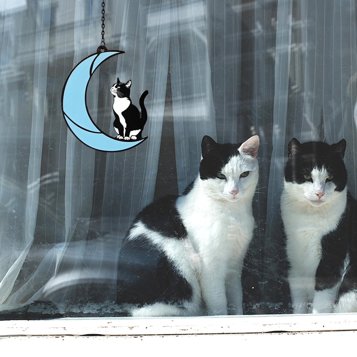 Black and White Cat Moon Suncatcher - Cat Loss Sympathy Gift, Tuxedo Stained Glass Hanging Ornament for Memorial Home Decor