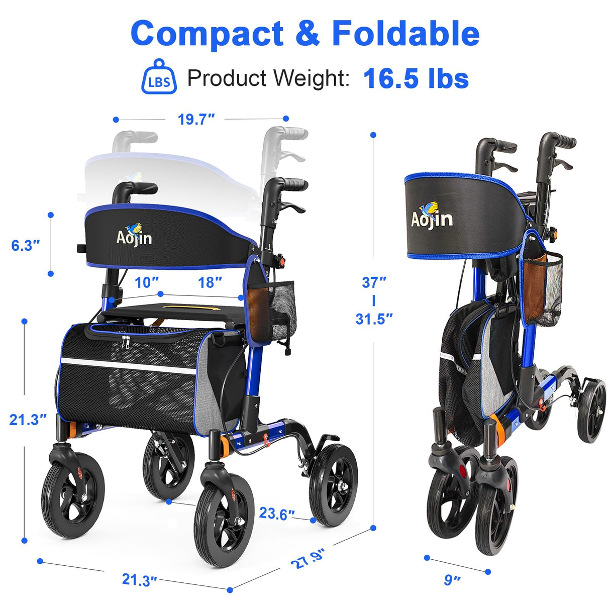 Walkers for Seniors, Rollator Walker with Seat, 350 lb Weight Capacity, 18" Big Seat, 8" All-Terrain Wheels, 6-Level Adjustable Height, Lightweight Aluminum Frame Rollator Walkers for Seniors (Blue)