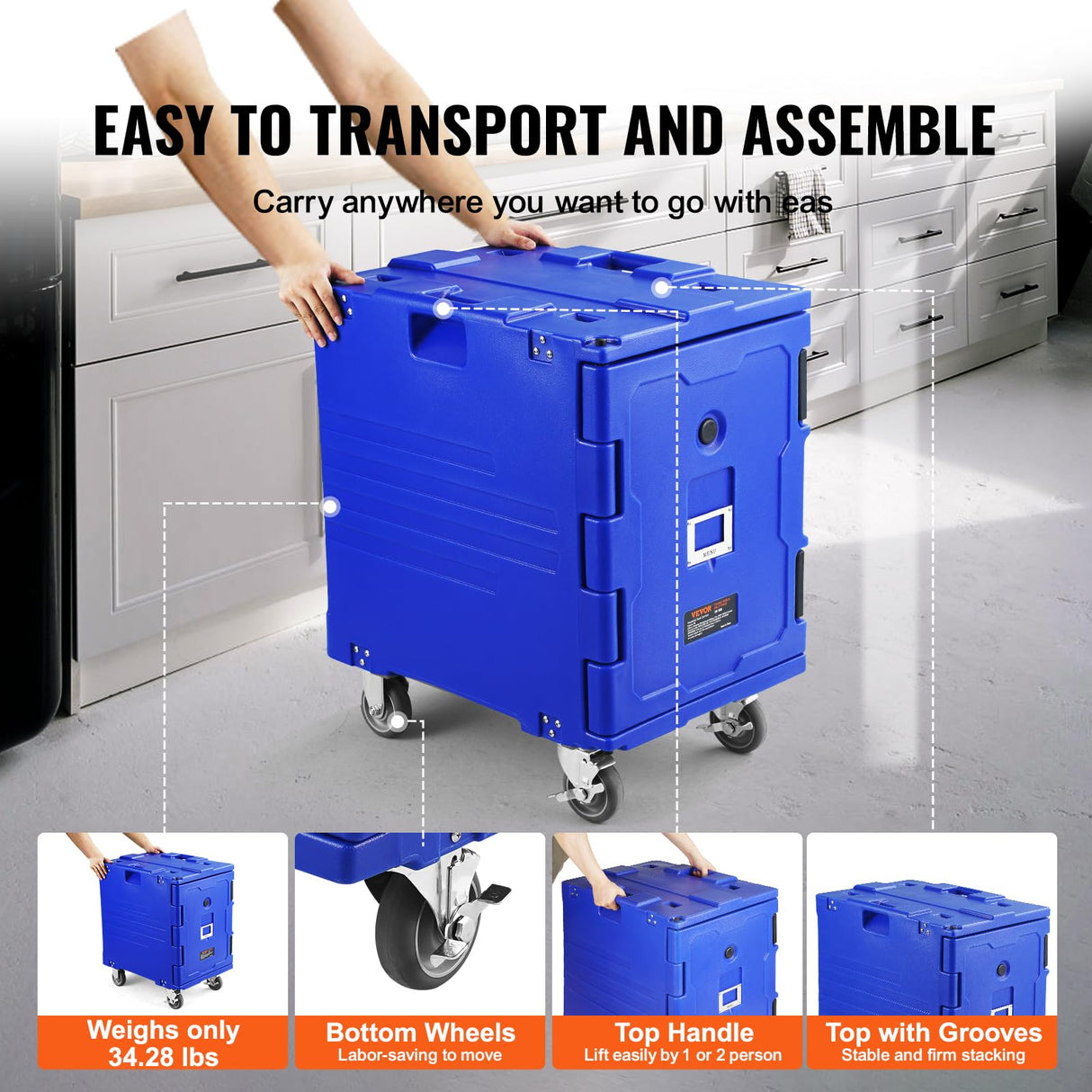 VEVOR Insulated Food Pan Carrier, 95 Qt Hot Box for Catering, LLDPE Food Box Carrier w/One-Piece Buckle, Front Loading Food Warmer w/Handles, End Loader w/Wheels for Restaurant, Canteen, etc. Blue