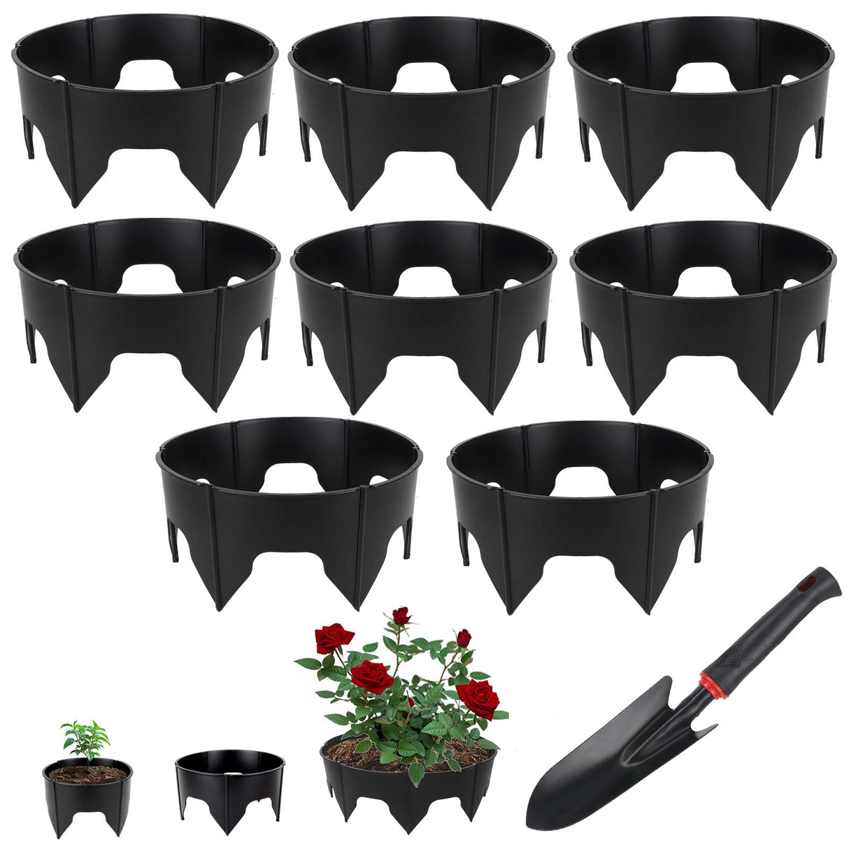 24PCS Planting Grow Rings with Shovel, Diameter Range 8.3-15.7in Adjustable Round Plant Support Garden Circle Ring for Watering Planting Edging Border Ring for Vegetables (24, Black)
