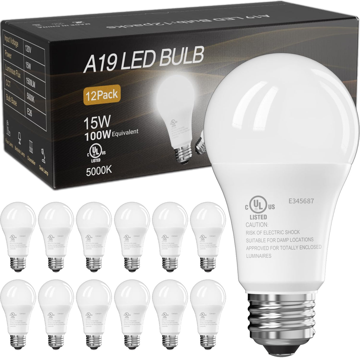 TJOY 12 Pack LED Light Bulbs, 100 Watt Equivalent A19, 5000K Daylight LED Bulb, 15W Bright White Energy Saving Lightbulbs with E26 Standard Base, 1500 Lumens Non Dimmable Lamp for Home Bedroom Indoor
