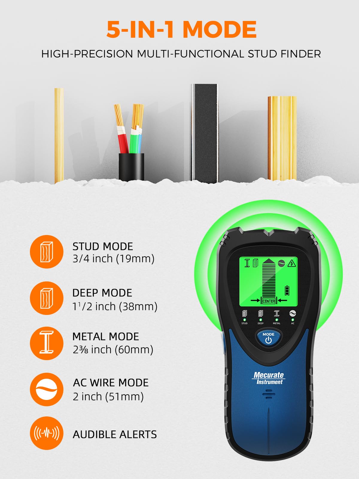 Mecurate 5-in-1 Stud Finder with LCD Display, Wall Scanner for Studs, Metal, AC Wires Detection, Lightweight & Durable, Perfect for Homeowners & DIY Projects(Blue)