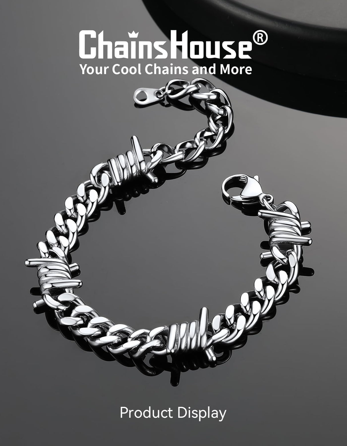 ChainsHouse Barbed Wire Bracelet, Stainless Steel Cuban Link Chain Bracelet for Men Chain Bracelet Hip Hop Rock Jewelry 9MM Width 7.08" Length with 2" Extened Links