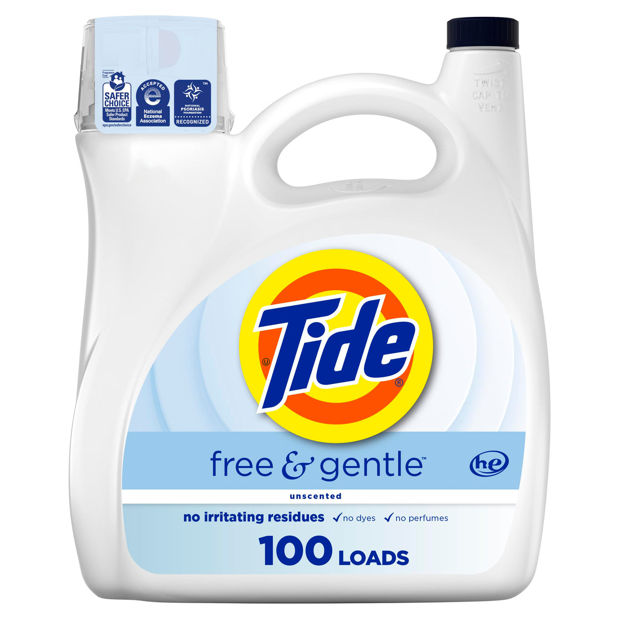 Tide Free & Gentle Liquid Laundry Detergent, 100 Loads, 132 fl oz, Tide Laundry Detergent, Clean Laundry Detergent (Packaging May Vary)