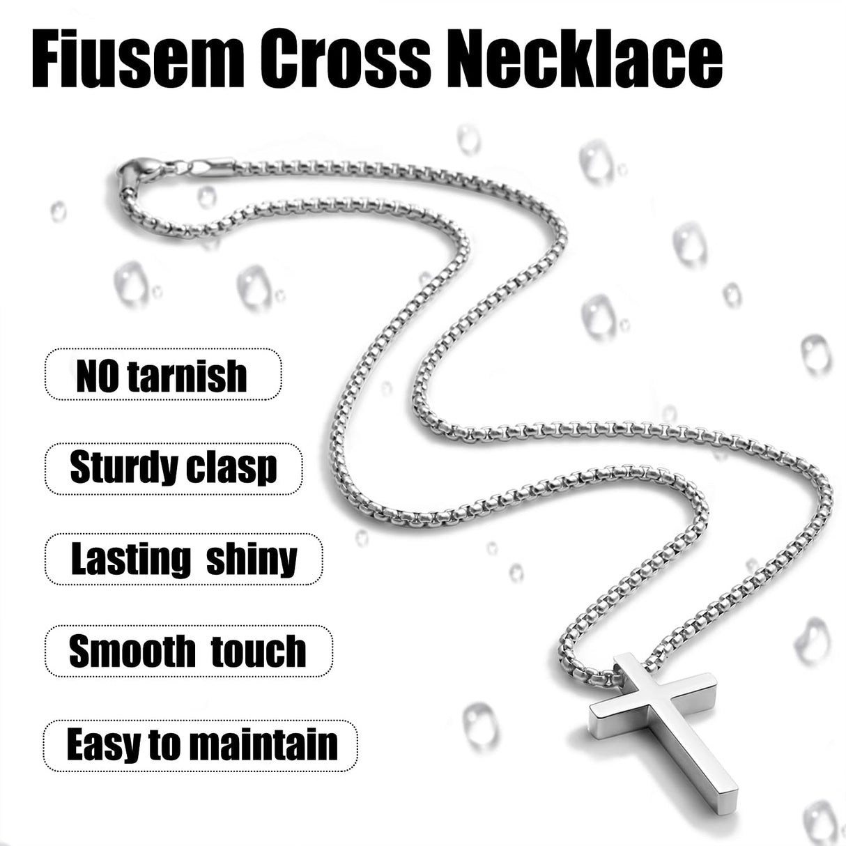 Fiusem Silver Cross Necklace for Men, Small Stainless Steel Pendant 26 Inch