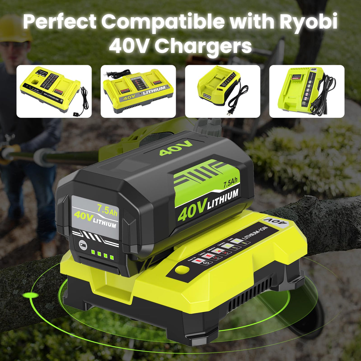 2Pack High Capacity 7500mAh OP40261 Replacement for Ryobi 40V Battery Lithium and OP401 Charger Compatible with Ryobi 40 Volt Battery OP4050 OP4040 OP40401 OP40201 OP40601 Cordless Power Tools