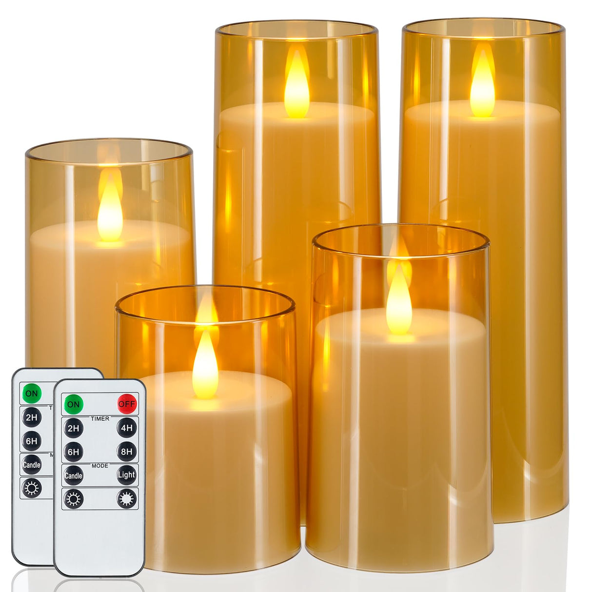 Homemory Realistic Flickering Flameless Candles, Battery Operated Candles with Remote Control and Timer, LED Fake Electric Candle for Home, Christmas Decoration, Gold, Set of 5