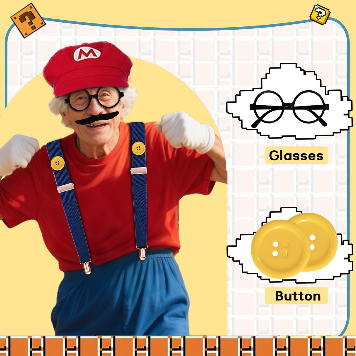 QRT Super Bros Costume Kit with Hat, Mustaches, Suspenders, Gloves Buttons ang Glasses frame for Halloween, Cosplay and Christmas (red&green)
