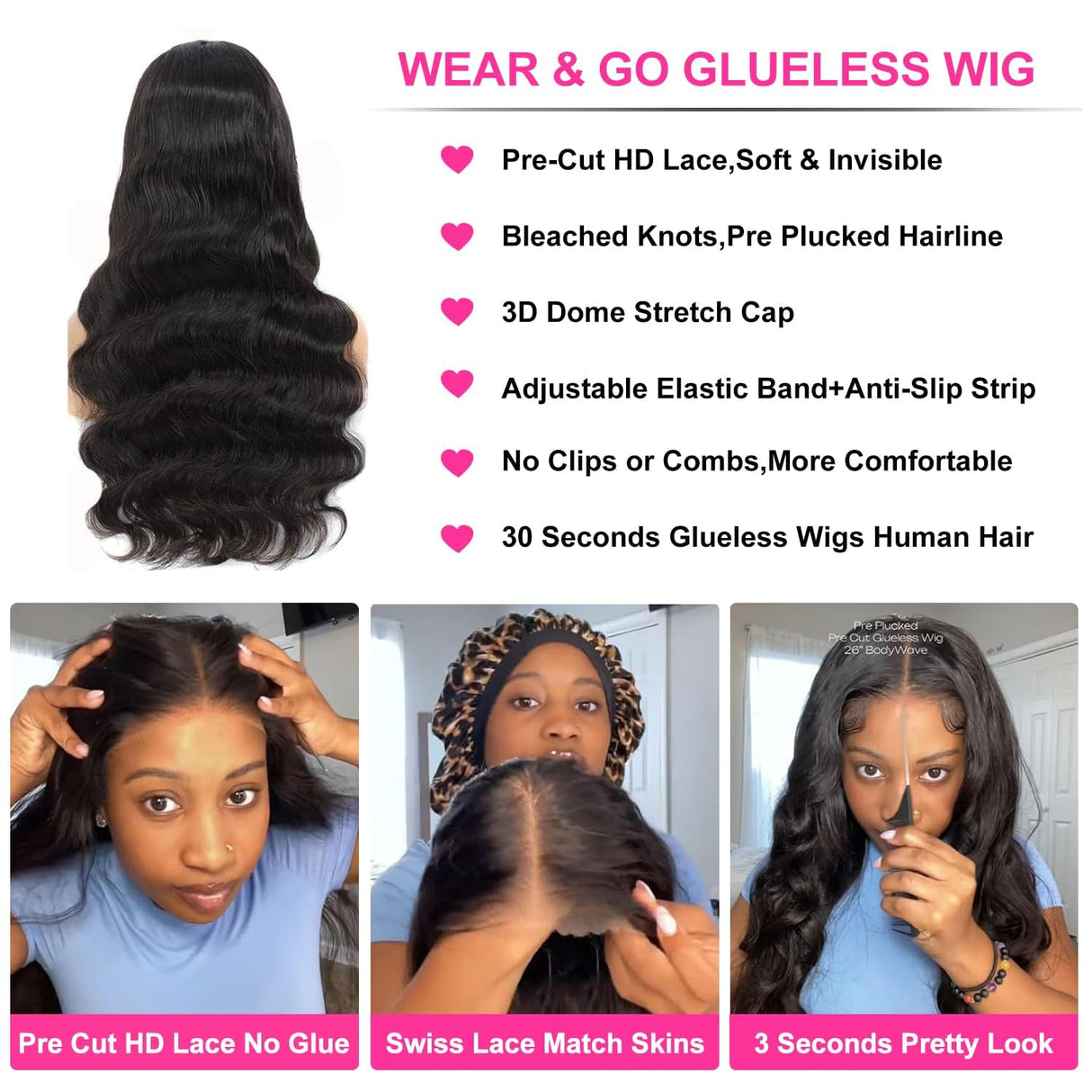 30 Inch Wear and Go Glueless Wigs Human Hair Pre Plukced Pre Cut 5x5 Hd Lace Closure Wigs Human Hair for Women 180% Density Ready to Wear Glueless Body Wave Lace Front Wigs Human Hair No Glue Wigs