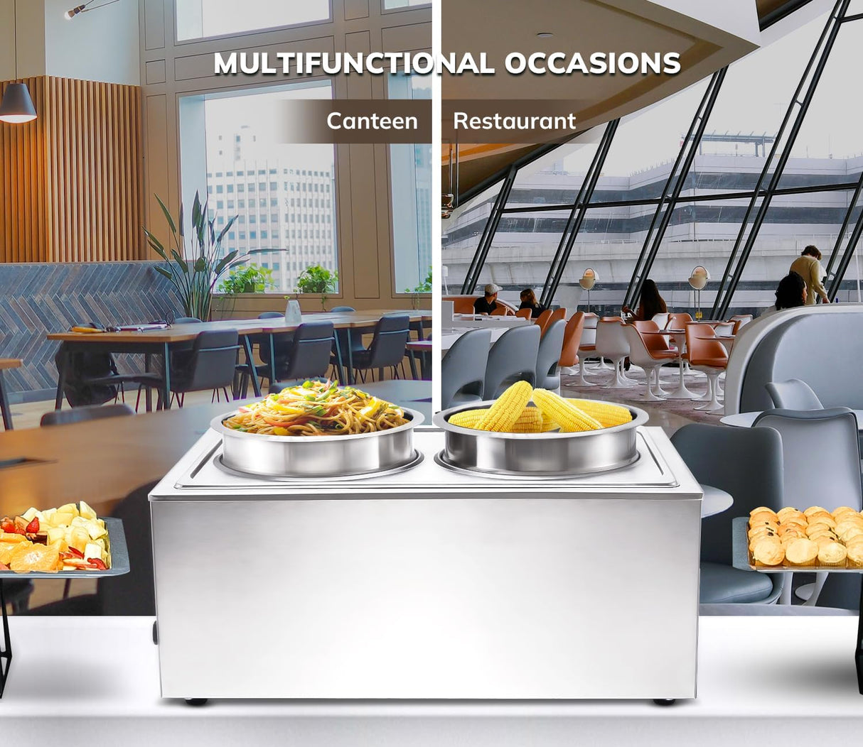 SYBO Food Warmer Steam Table Easy to Clean Commercial Grade Stainless Steel Bain Marie Buffet for Catering and Restaurants ETL, CE ROHS Certified for Commercial, Safety (2 Round Pots with Tap)