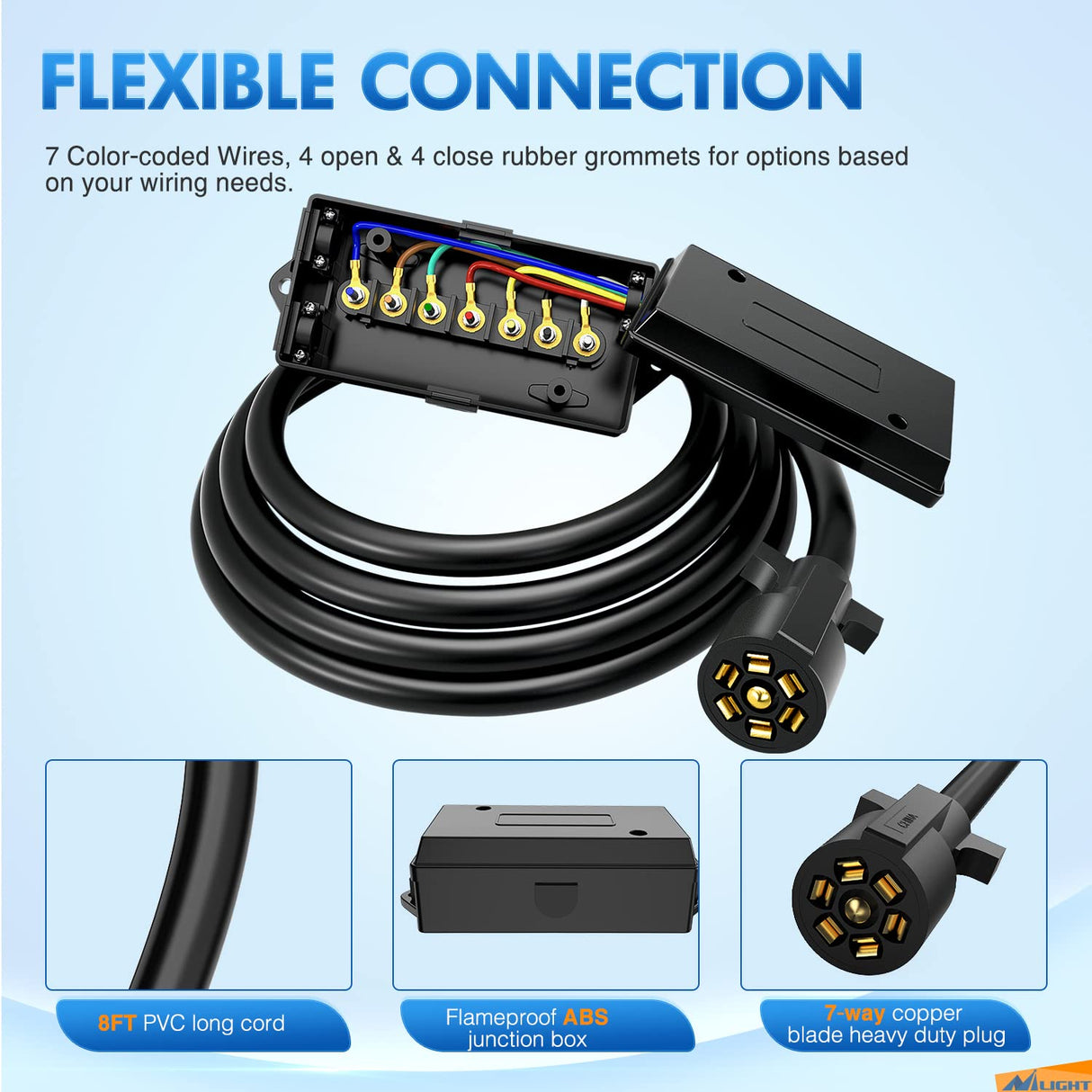 Nilight Heavy Duty 7 Way Inline Trailer Plug 8 Feet Connector Cable 7Pin RV Round Extension Wiring Harness Weatherproof Junction Box for RV Towing Car