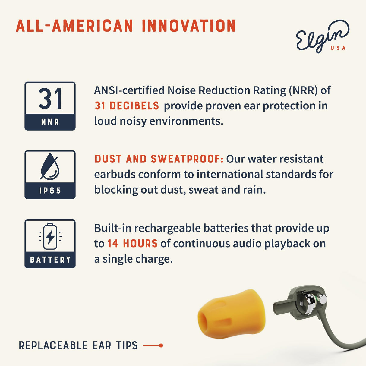 Elgin Discord Gen 3 Bluetooth Earplug Earbuds, OSHA Compliant Wireless in-Ear Headphones, 31dB NRR ANSI Certified Noise Isolation, Dynamic 8mm Driver, USB-C Charging, 14-Hour Playback