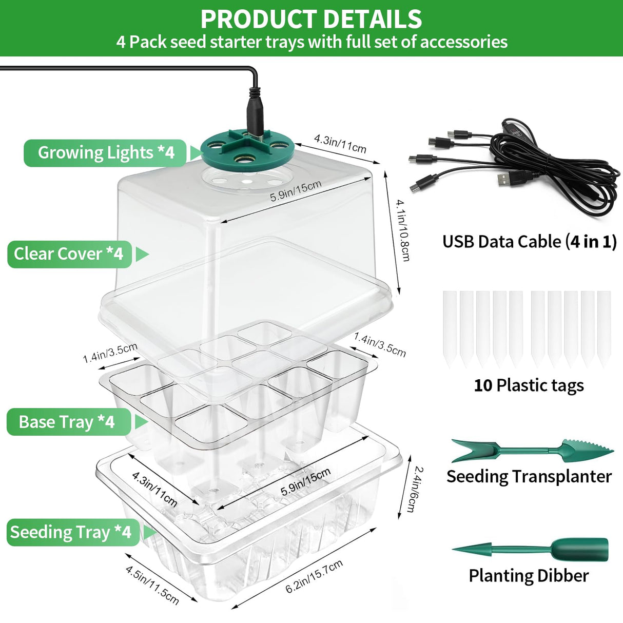 Qoolife Seed Starter Tray with Plant Light, 2 Pack Grow Lights for Seed Starting Kit with Humidity Domes, Timing Controller Adjustable Brightness for Greenhouse Propagator Station Growing Transparent