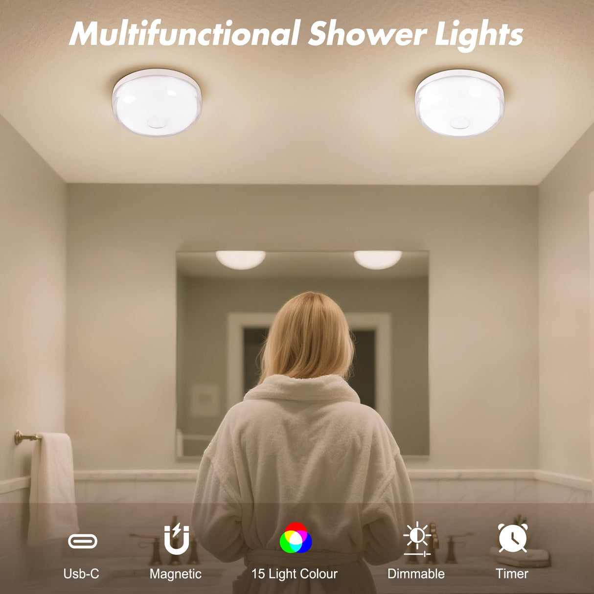 2-Pack Rechargeable Shower Light No Wiring, 15 RGBW Color Changeable Waterproof Lights for Shower with Remote(Dimmable&Timer), LED Light for Inside Shower, Wireless Mood Lighting for Bathroom, White