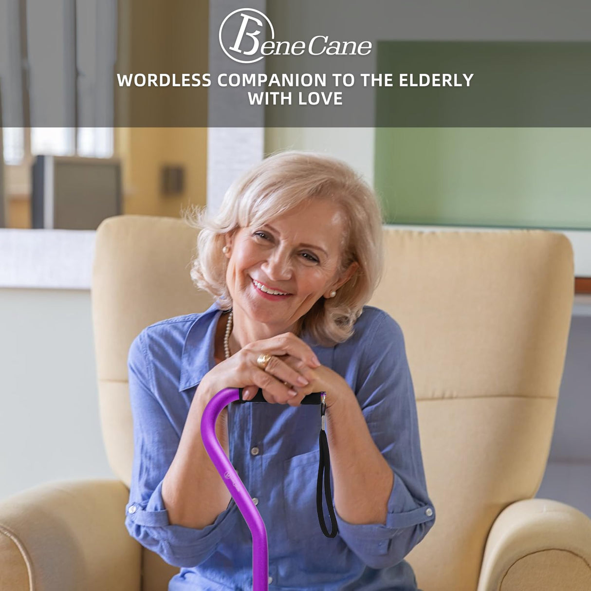 BeneCane Quad Cane Adjustable Walking Cane with Offset Soft Cushioned Handle for Men & Women Lightweight Comfortable with 4-Pronged feet for Extra Stability(Purple)