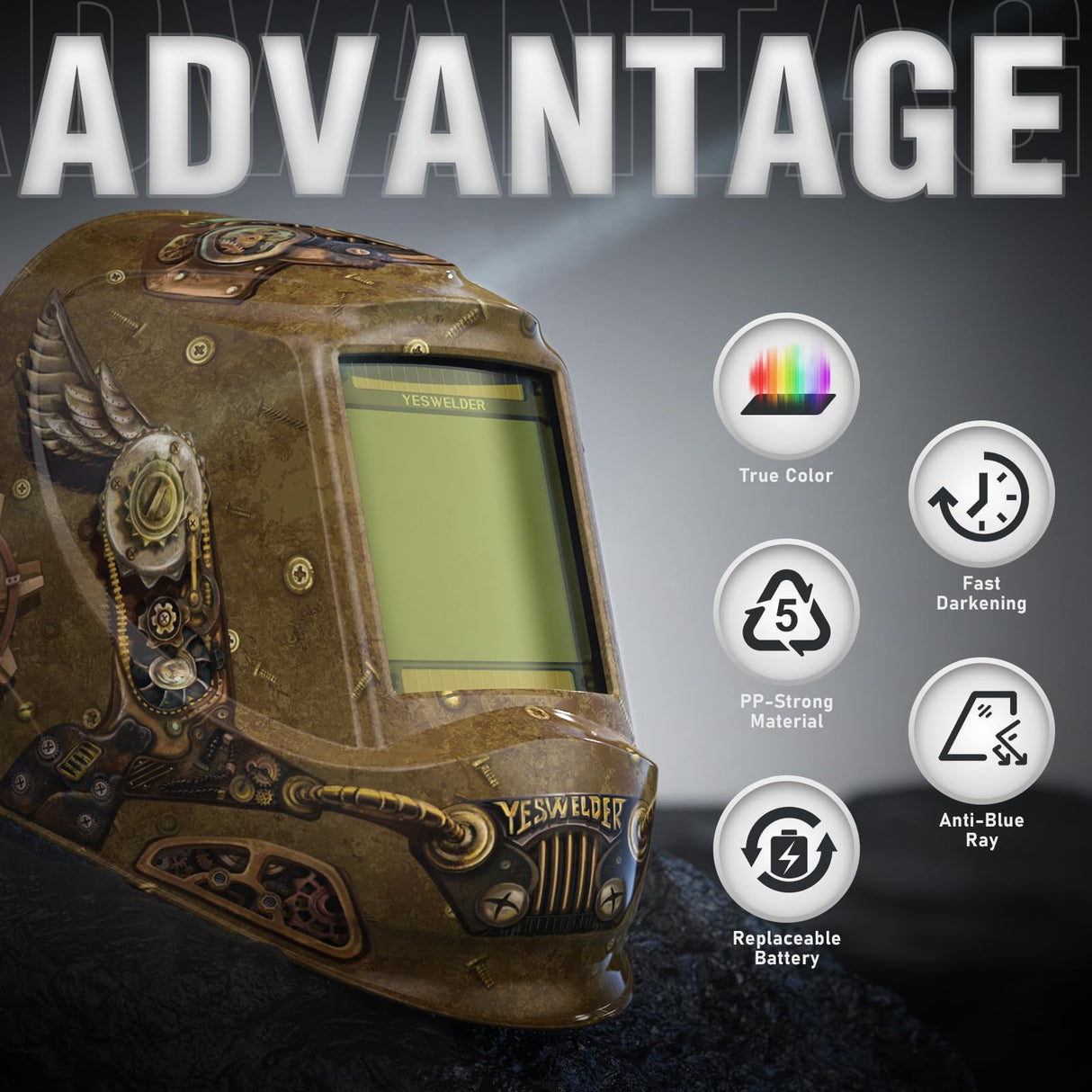 YESWELDER Large View Auto Darkening Welding Helmet, Blue Light Blocking, 1/1/1/1 True Color Solar Powered Welder Hood Mask with 4 Arc Sensors, Wide Shade 3/5-9/9-13 for TIG MIG ARC Cut and Grind