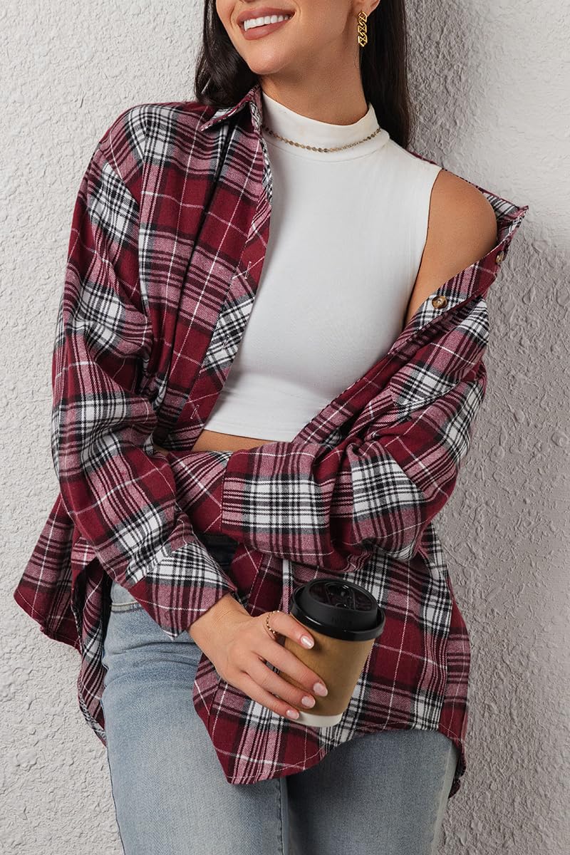 CHYRII Womens Button Down Flannel Shirts Long Sleeve Plaid Shacket Business Casual Blouse Tops 7157-Christmas Red L