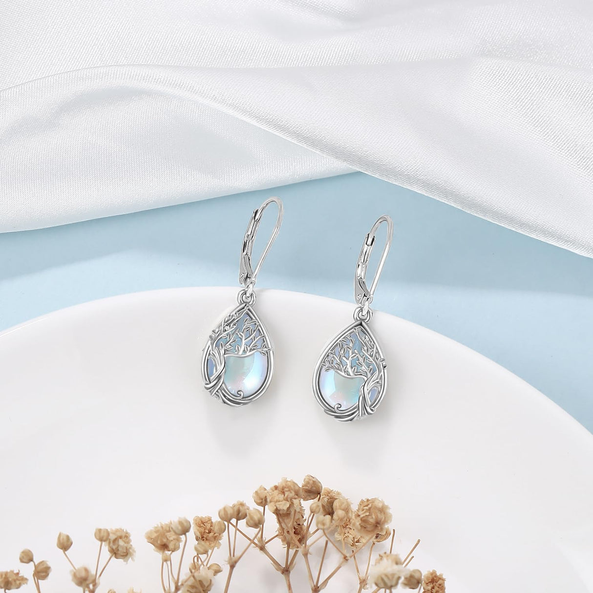 Odinstone Sterling Silver Earrings Tree of Life Moonstone Earring for Women