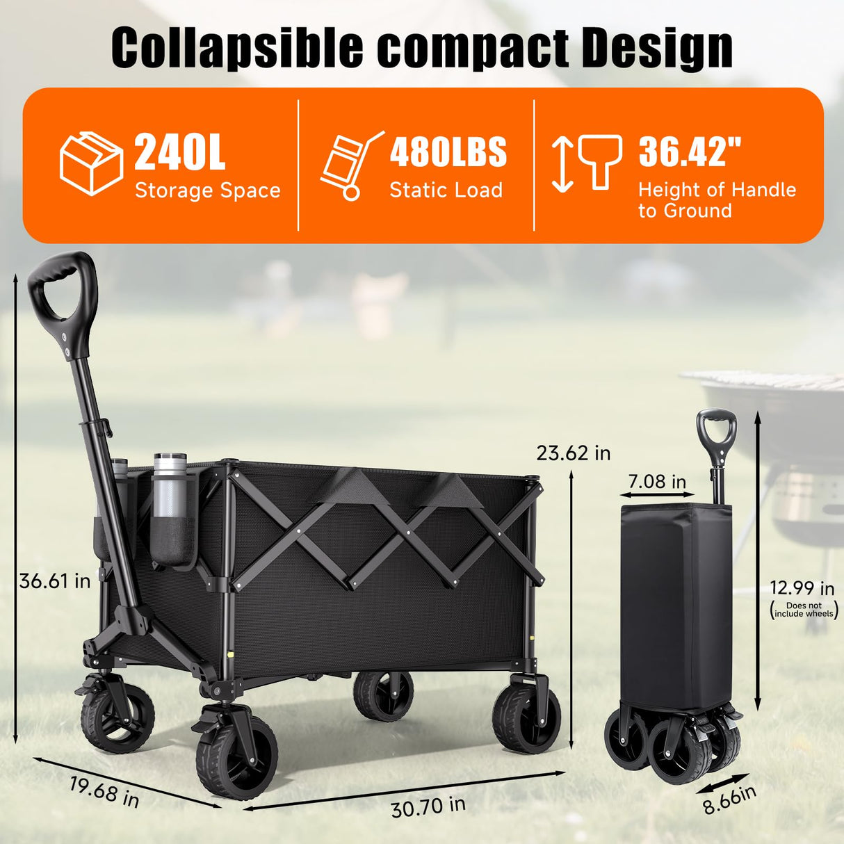 Collapsible Wagon Cart, 480lbs Heavy Duty Wagon with All-Terrain Wheels