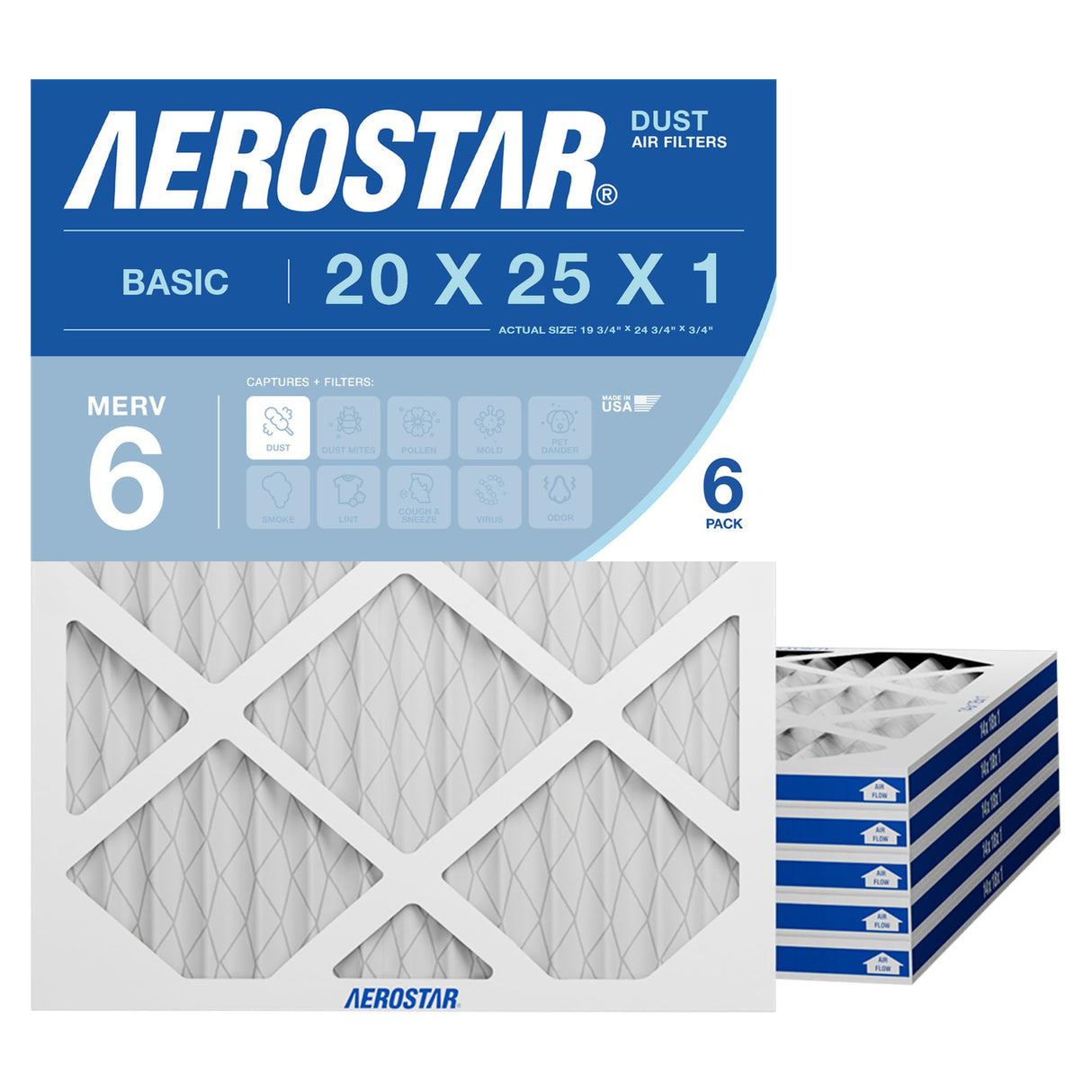 Aerostar 20x25x1 MERV 6 Pleated Air Filter, AC Furnace Air Filter, 6 Pack (Actual Size: 19 3/4"x24 3/4"x3/4")
