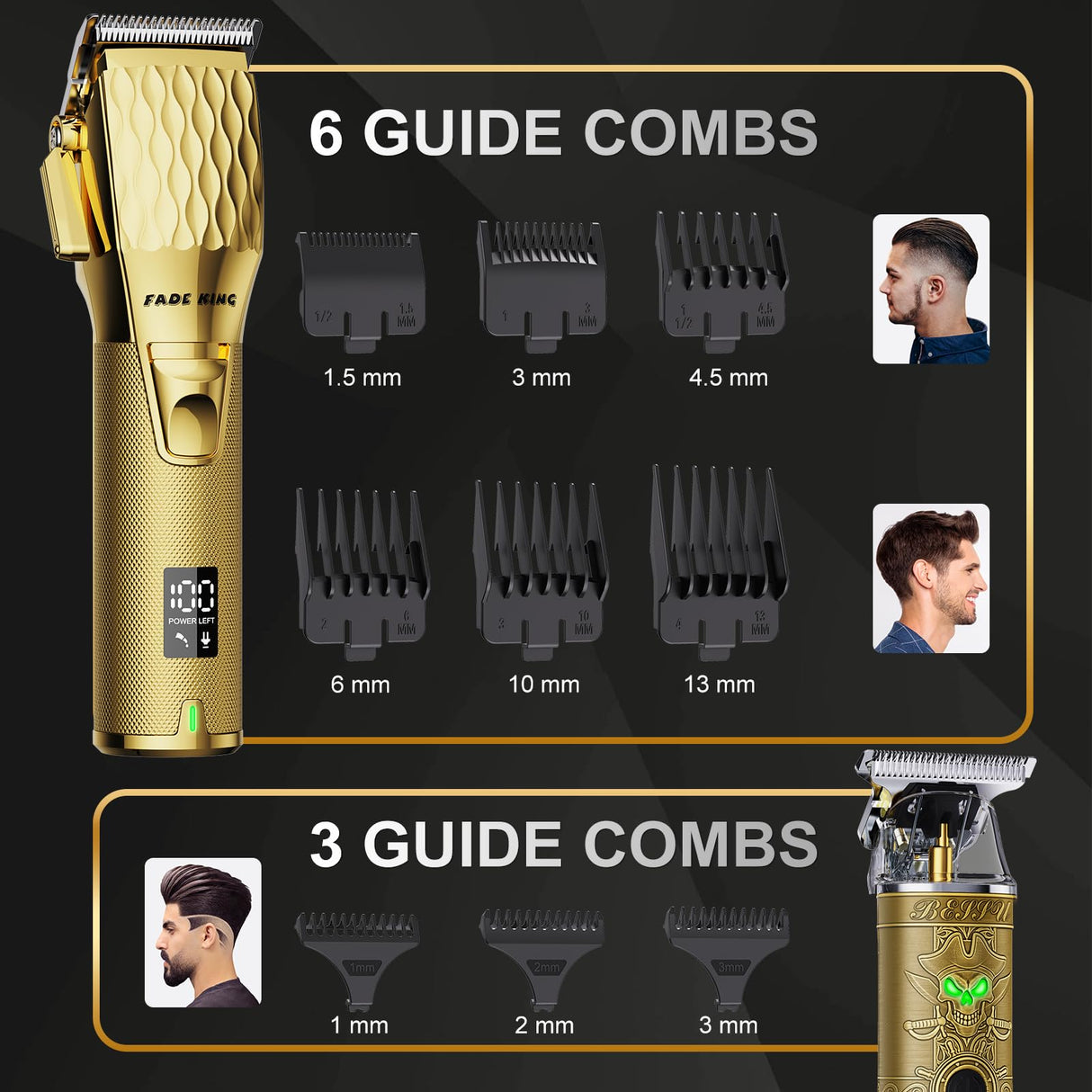 FADEKING® Professional Hair Clippers for Men - Cordless Hair Clippers, LCD Display Barber Clippers for Hair Cutting & Mens Grooming with Travel Case (Gold+Bronze)